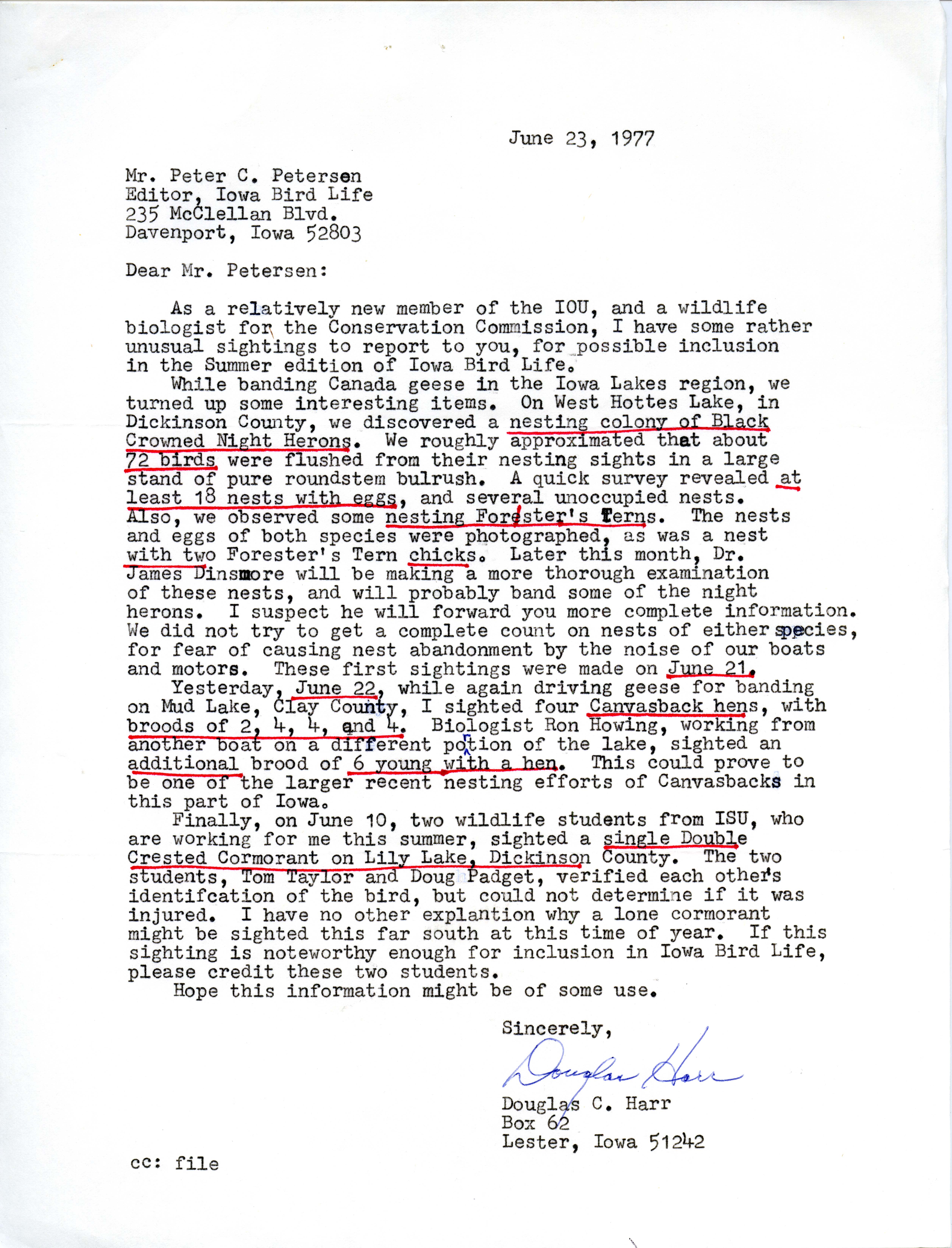  Douglas C. Harr letter to Peter C. Petersen regarding bird sightings, June 23, 1977