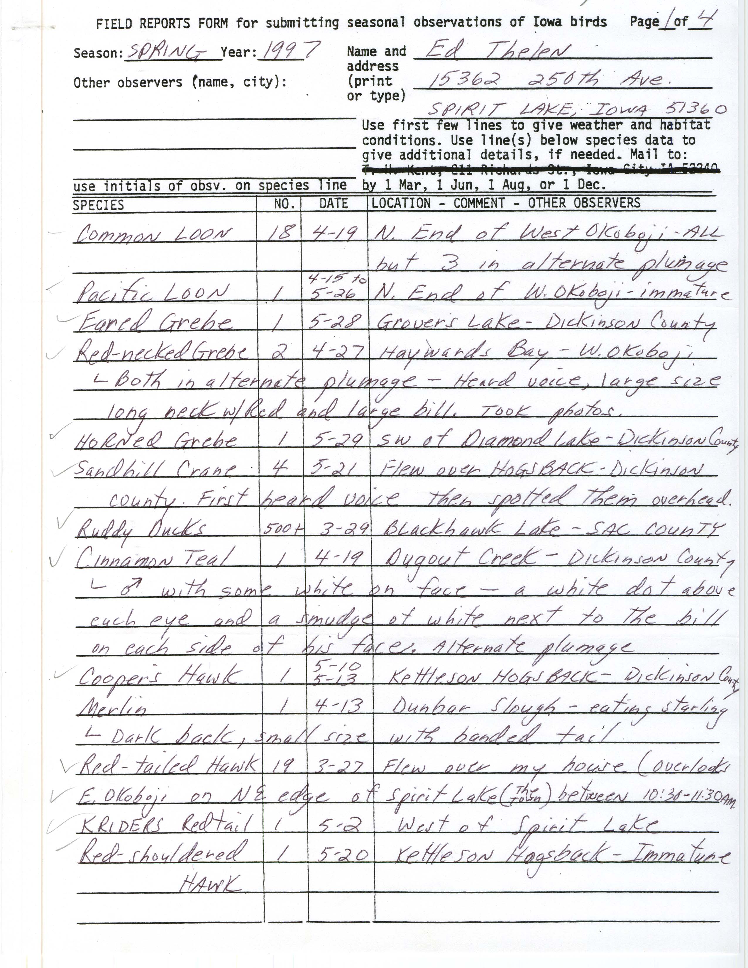 Field reports form for submitting seasonal observations of Iowa birds, Ed Thelen, spring 1997