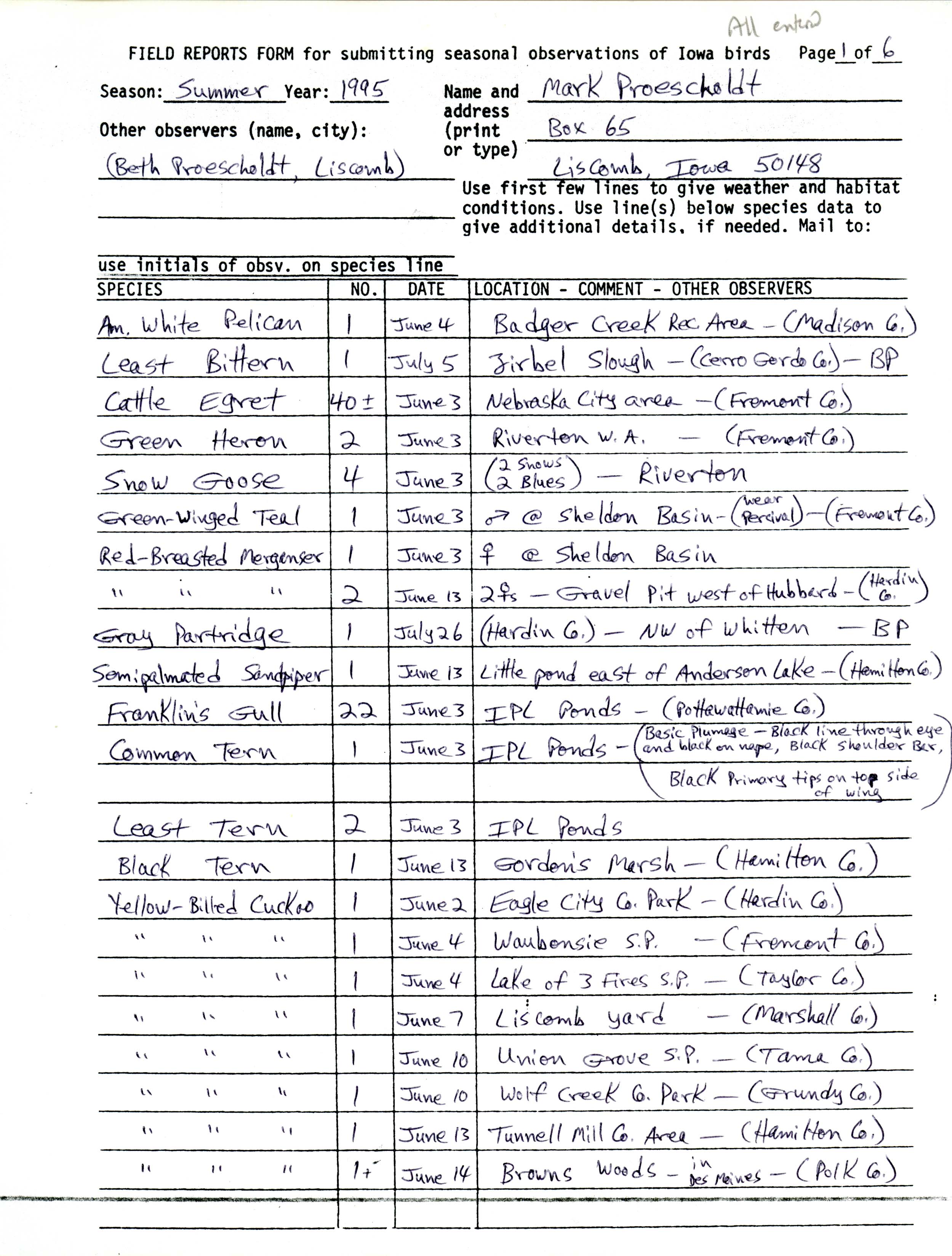 Field reports form for submitting seasonal observations of Iowa birds, summer 1995, Mark Proescholdt