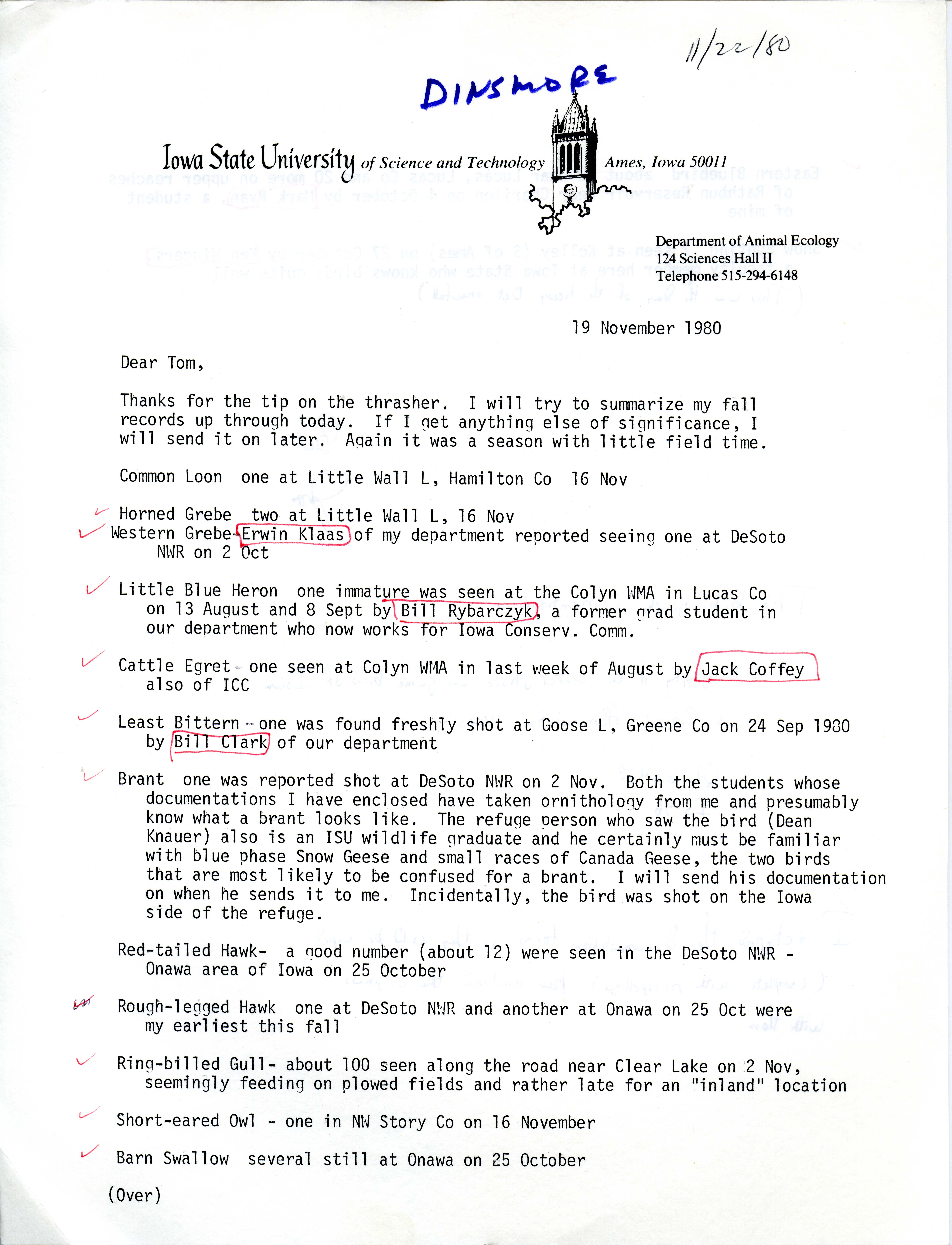 Jim Dinsmore letter to Thomas Kent regarding birds sighted by himself and others, November 19, 1980