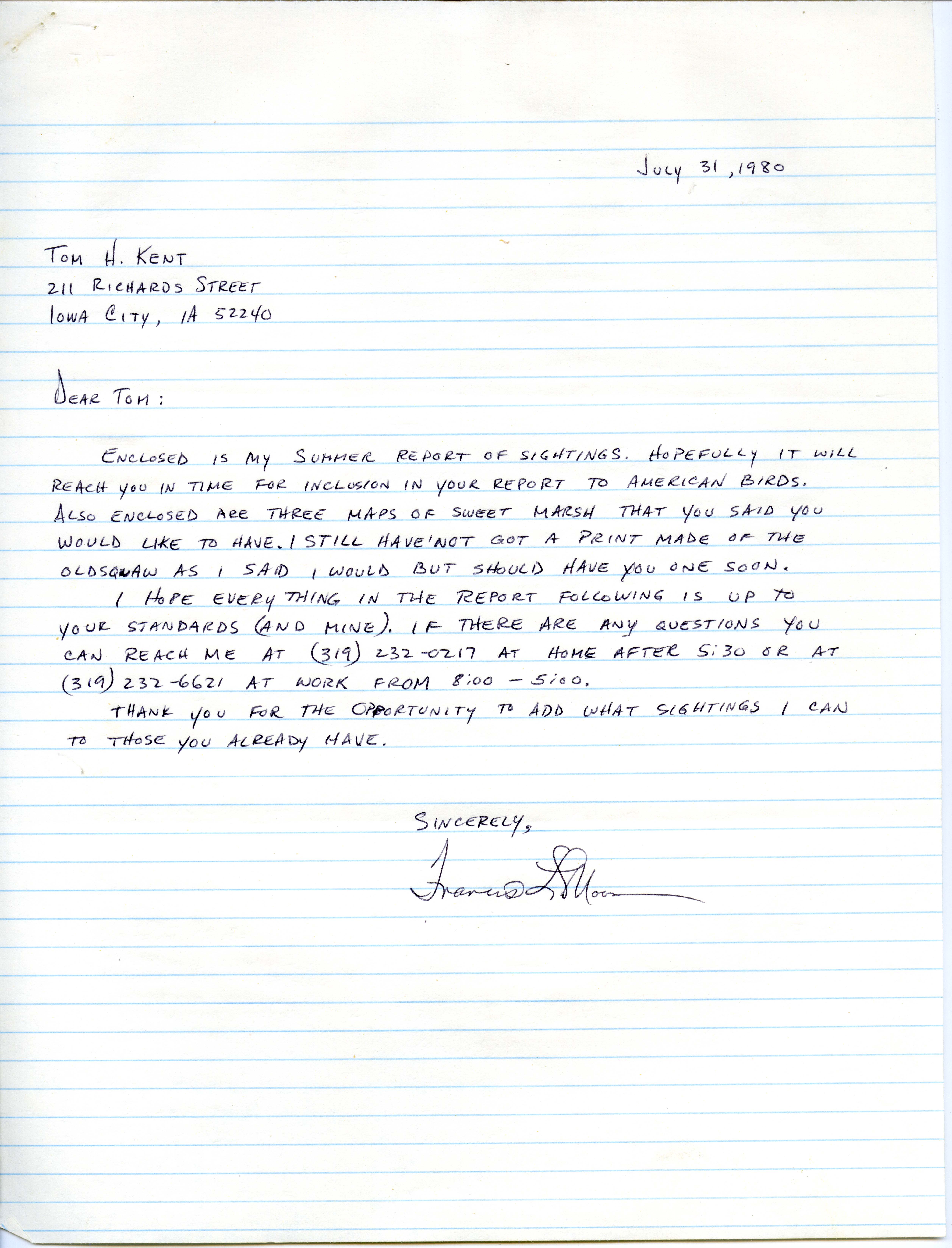 Francis L. Moore letter to Thomas H. Kent regarding bird sightings, July 31, 1980