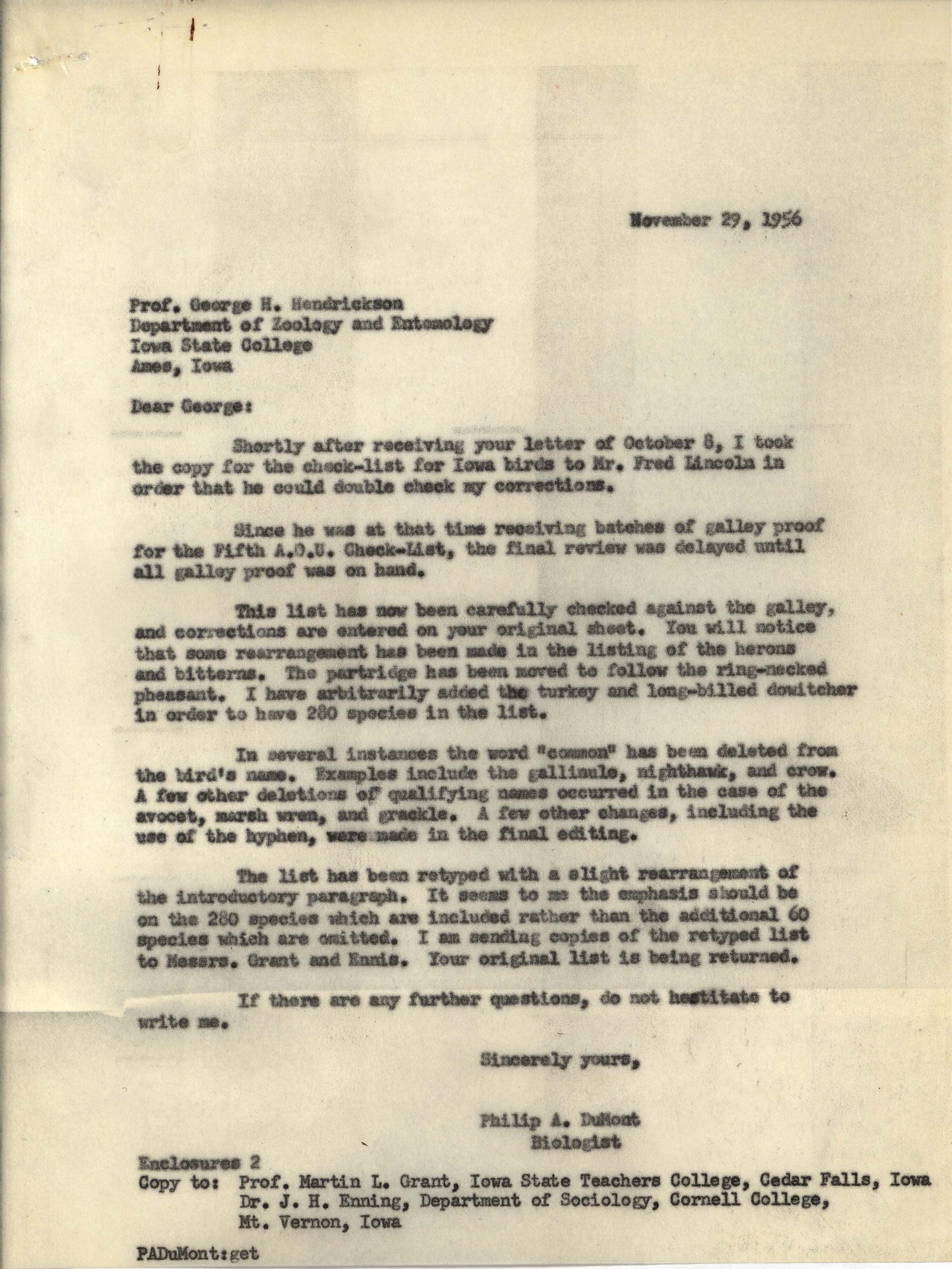 Philip DuMont letter to George Hendrickson regarding editorial changes to the revised checklist, November 29, 1956