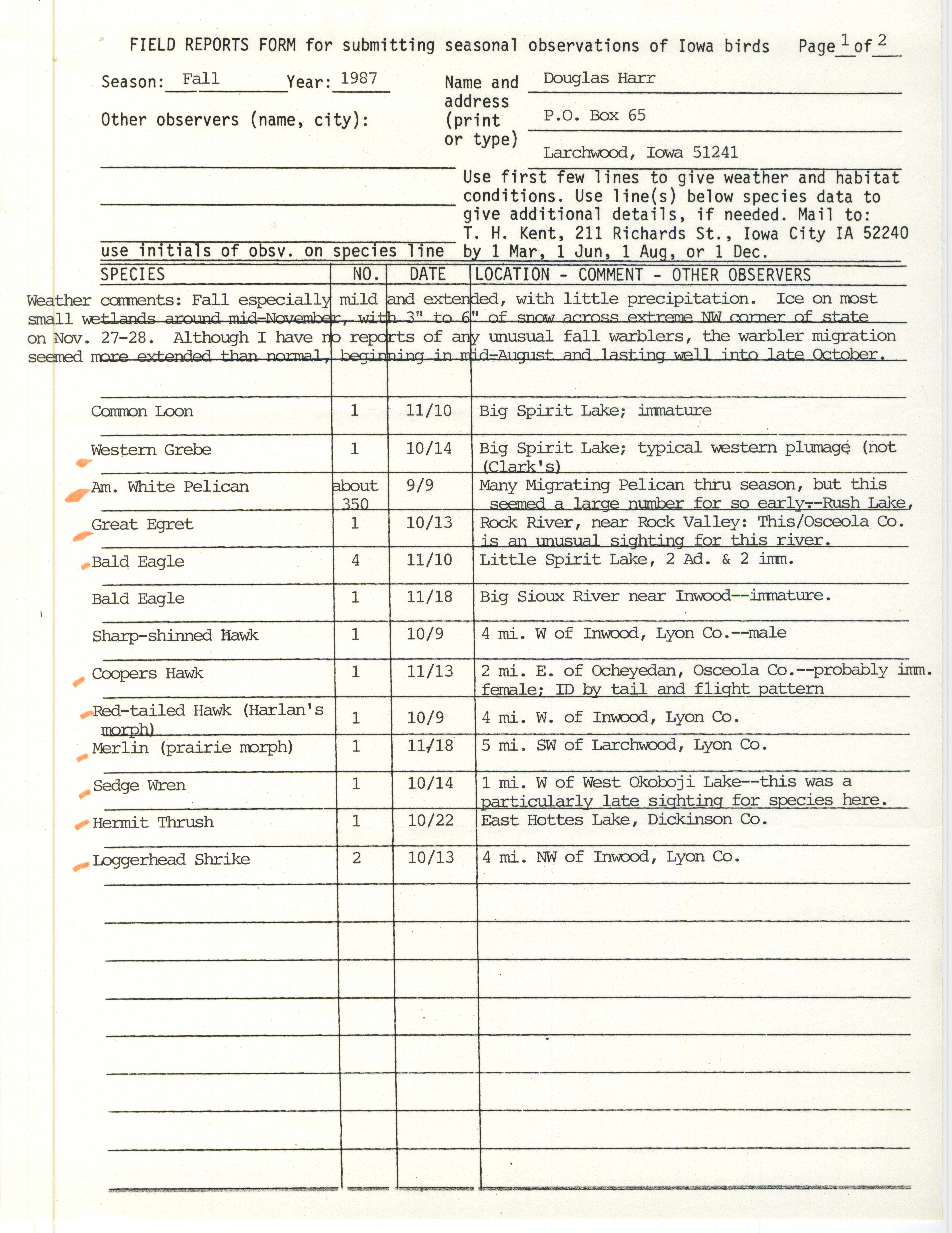Field reports form for submitting seasonal observations of Iowa birds, Douglas C. Harr, fall 1987
