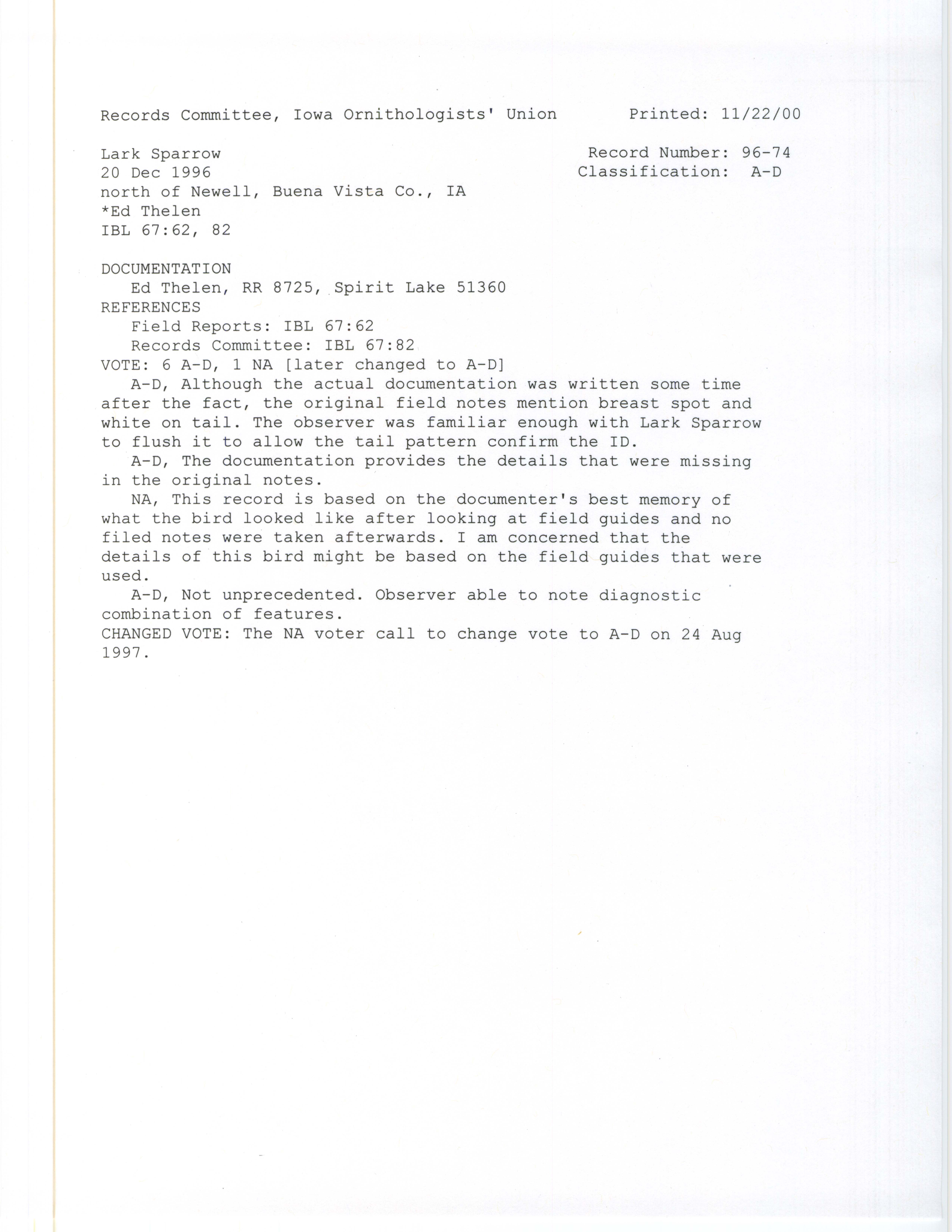 Records Committee review for rare bird sighting for Lark Sparrow north of Newell, 1996