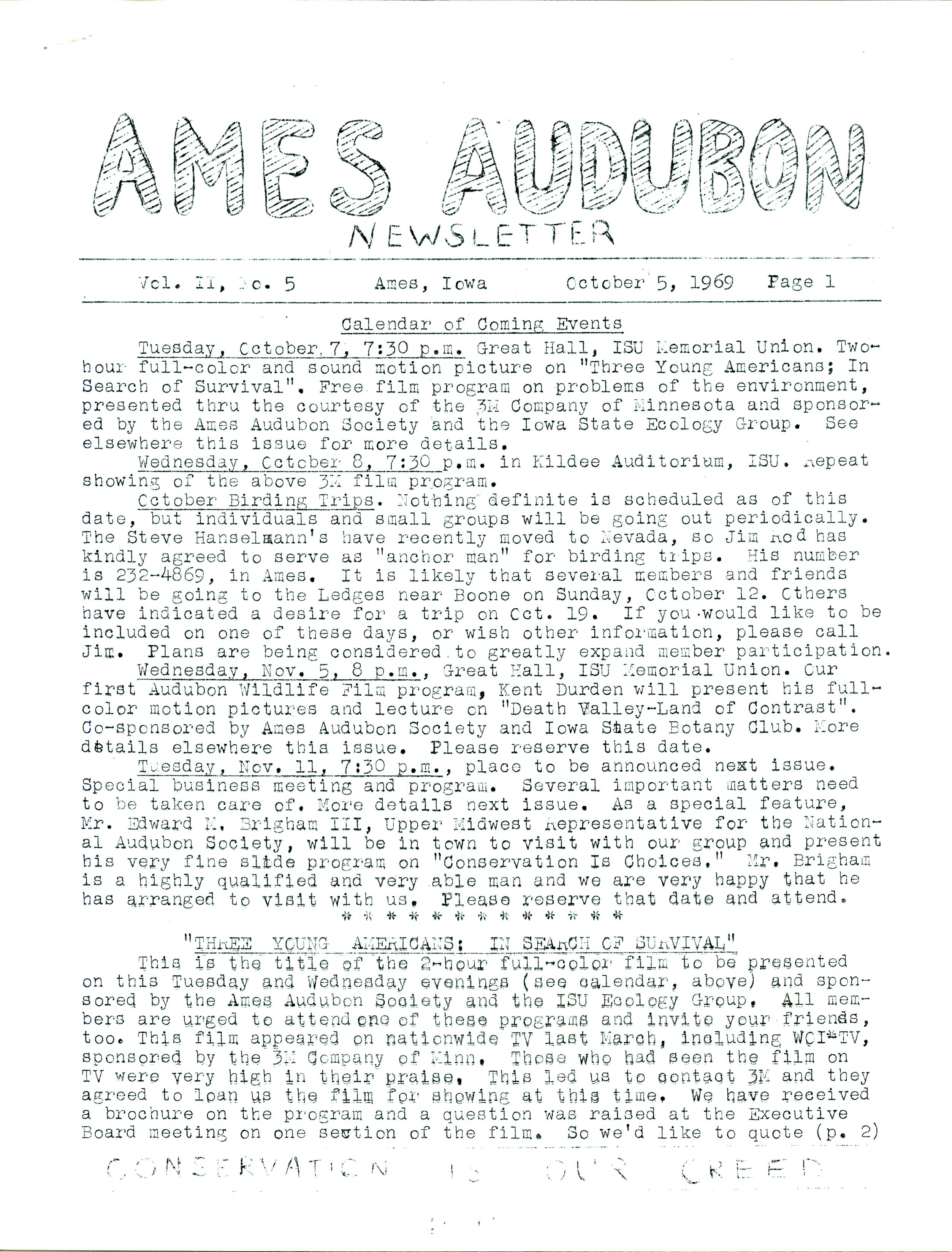 Ames Audubon Newsletter, Volume 2, Number 5, October 5, 1969