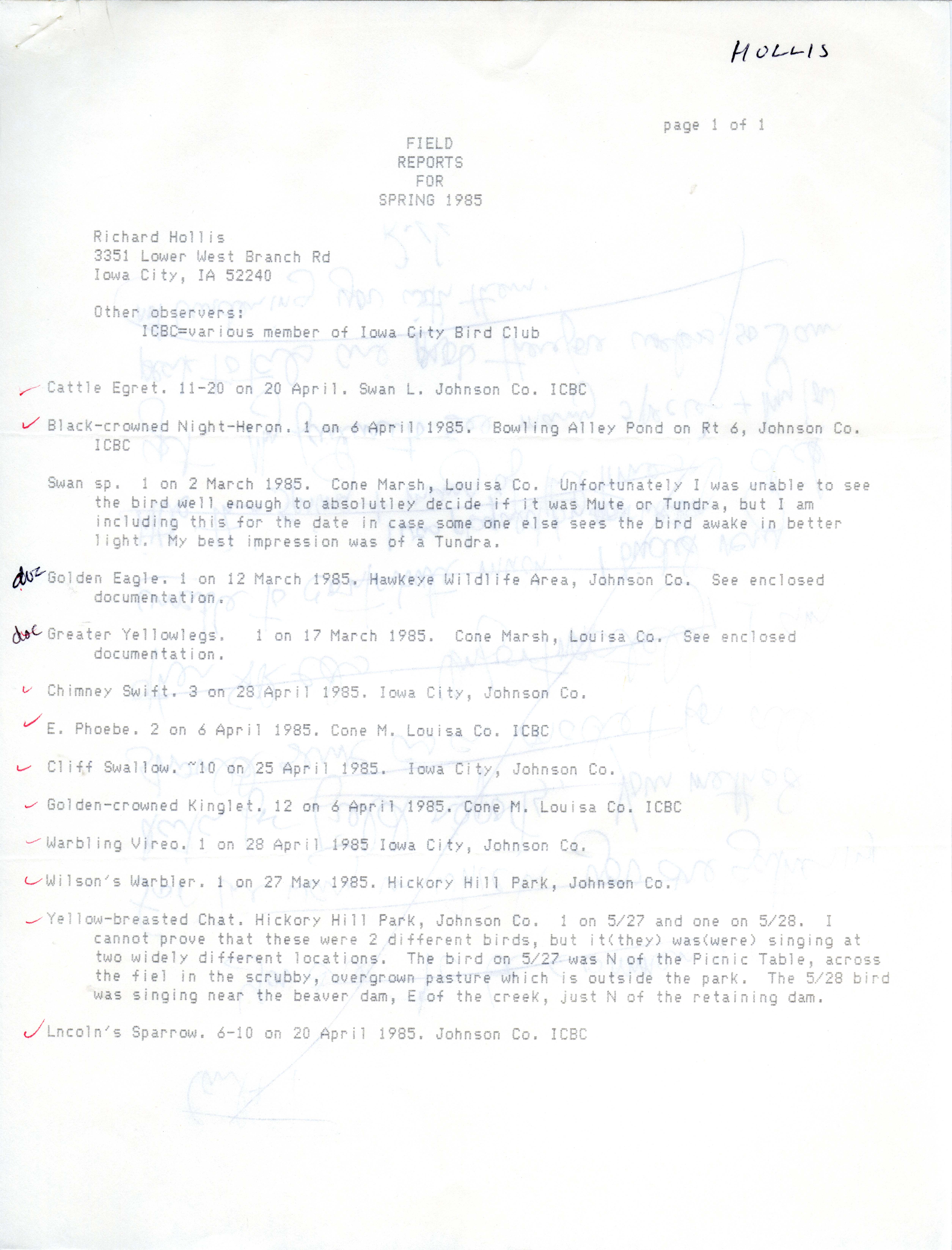Field reports for spring 1985 and letter from Richard Jule Hollis to Thomas H. Kent and Carl J. Bendorf, May 30, 1985