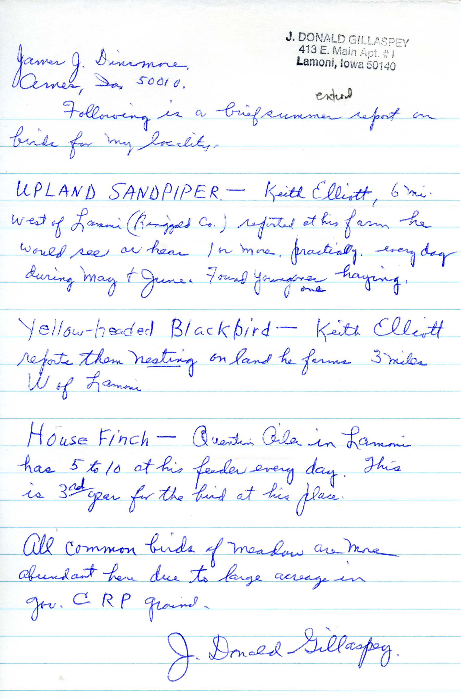 J. Donald Gillaspey letter to James Dinsmore regarding bird sightings in Lamoni, IA, 1990 