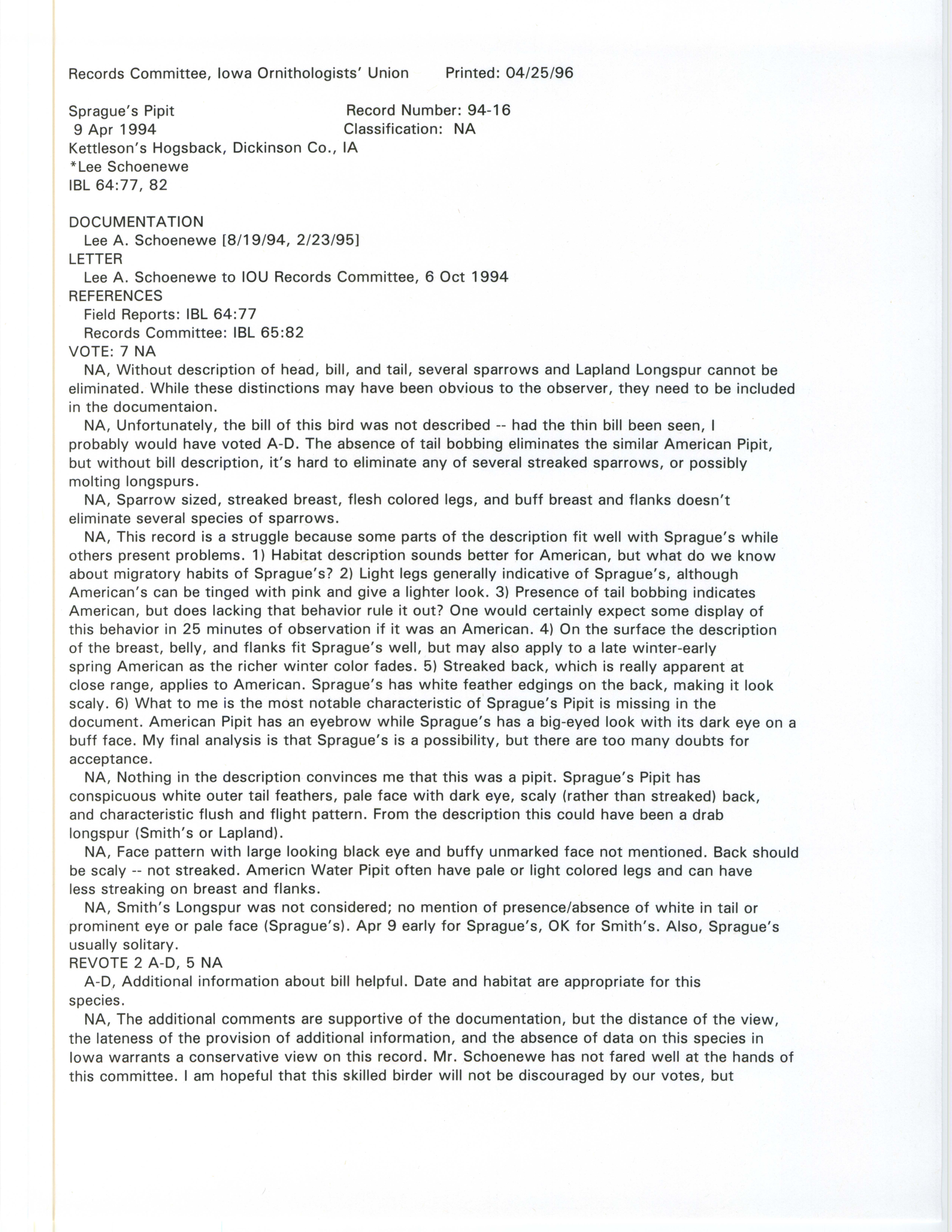 Records Committee review for rare bird sighting for Sprague's Pipit at Kettleson's Hogback Wildlife Management Area, 1994