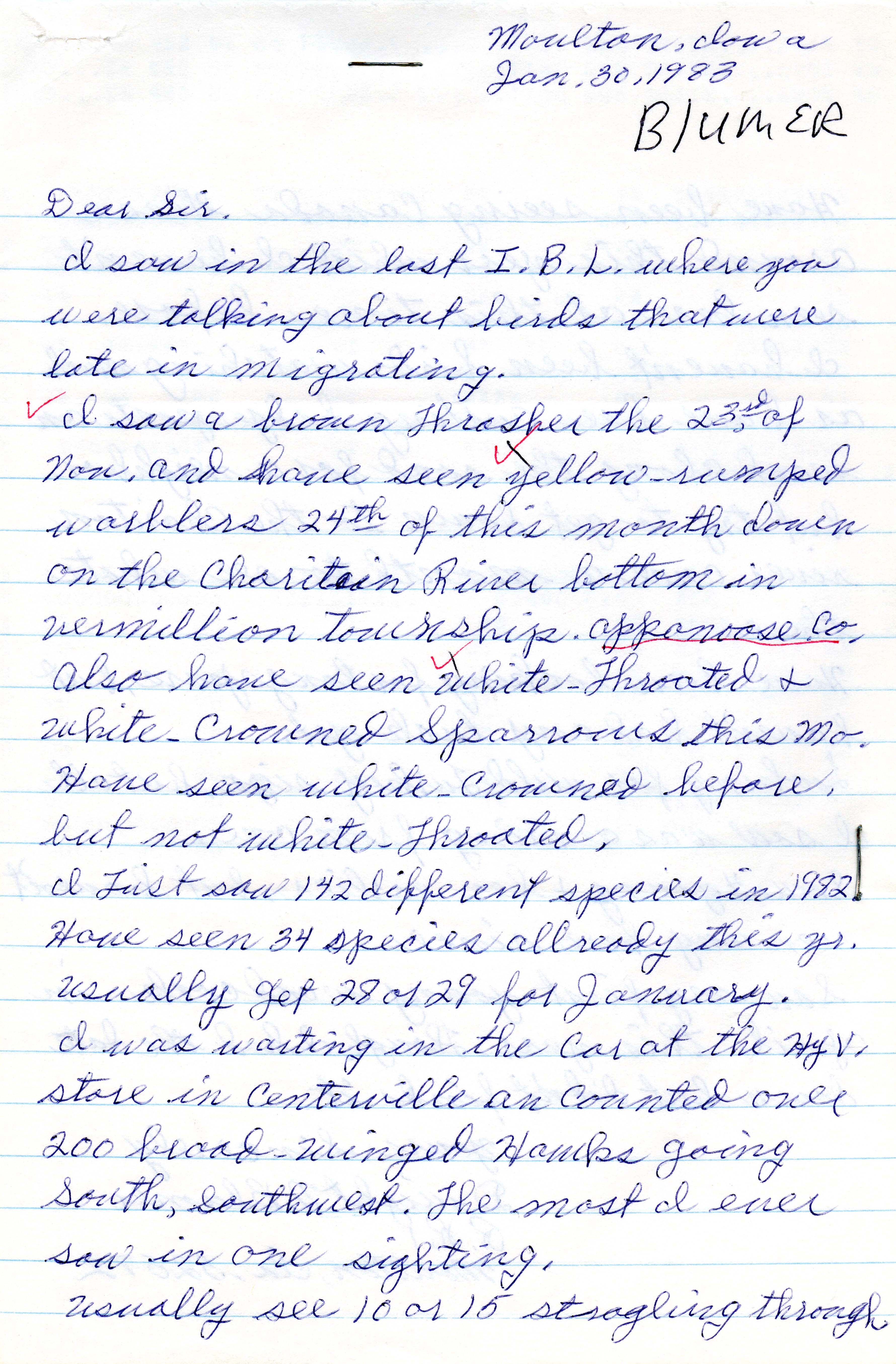 Dwight N. Blumer letter to Thomas H. Kent regarding winter bird sightings, January 30, 1983