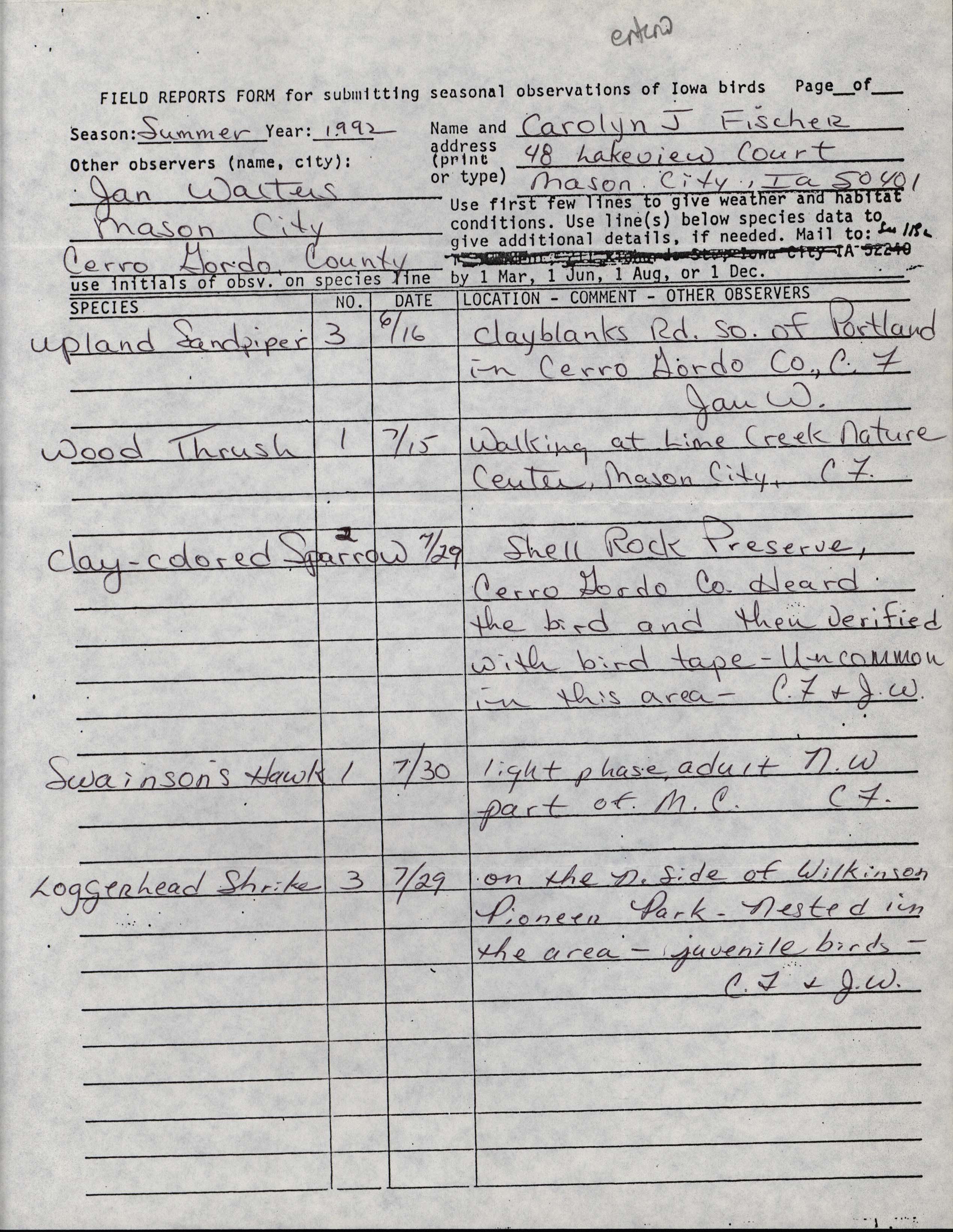 Field reports form for submitting seasonal observations of Iowa birds, Carolyn J. Fischer, summer 1992
