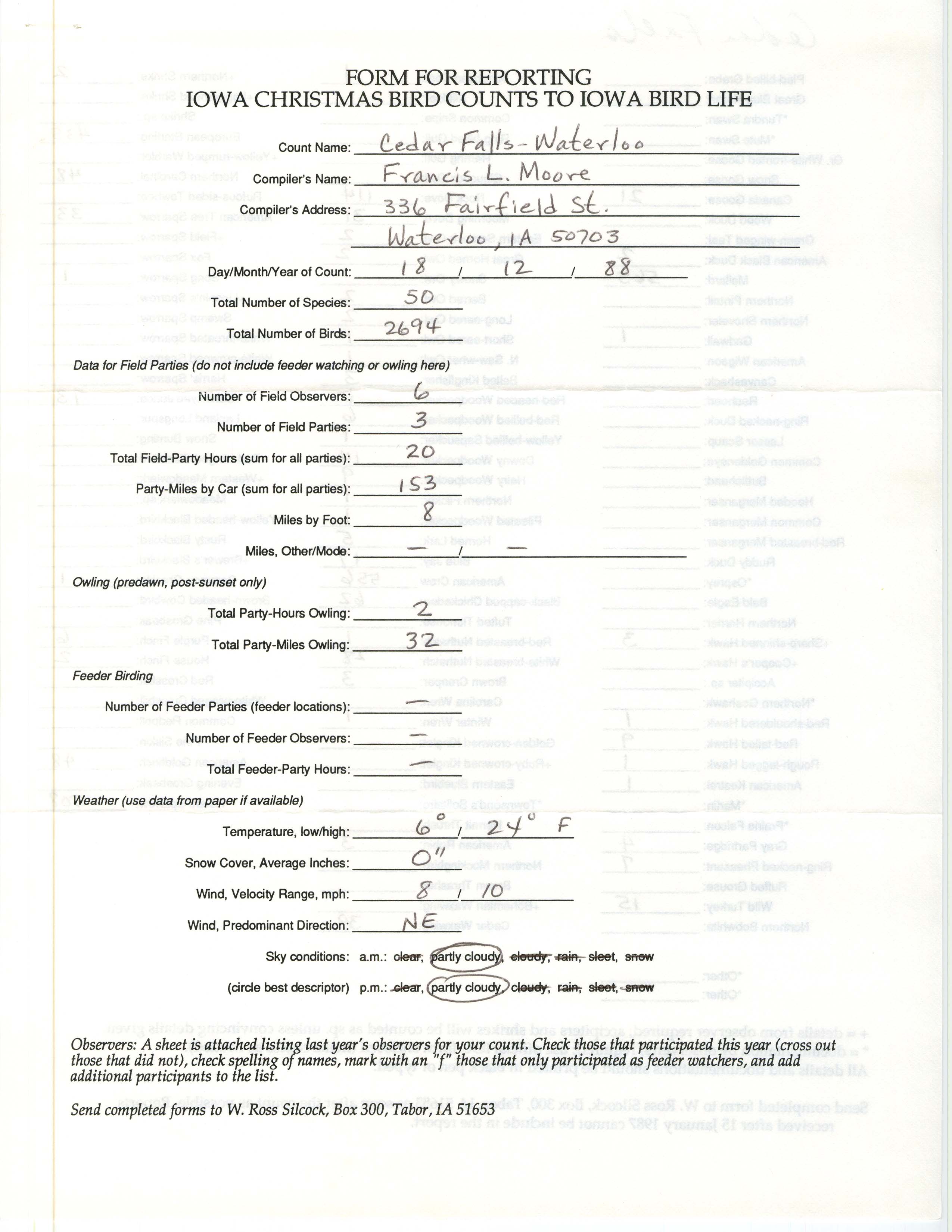 Form for reporting Iowa Christmas bird counts to Iowa Bird Life, Francis L. Moore, December 18, 1988