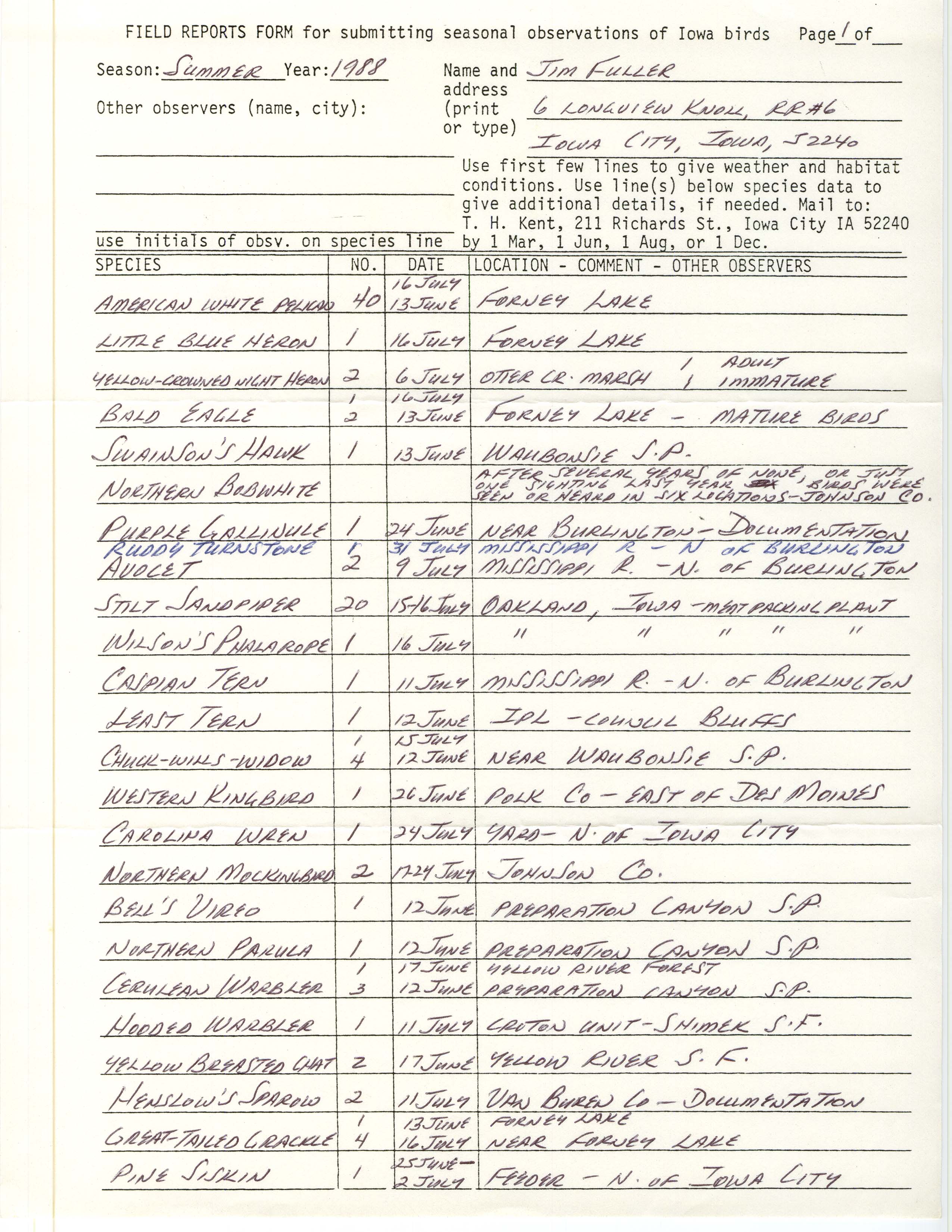 Field reports form for submitting seasonal observations of Iowa birds, James L. Fuller, summer 1988