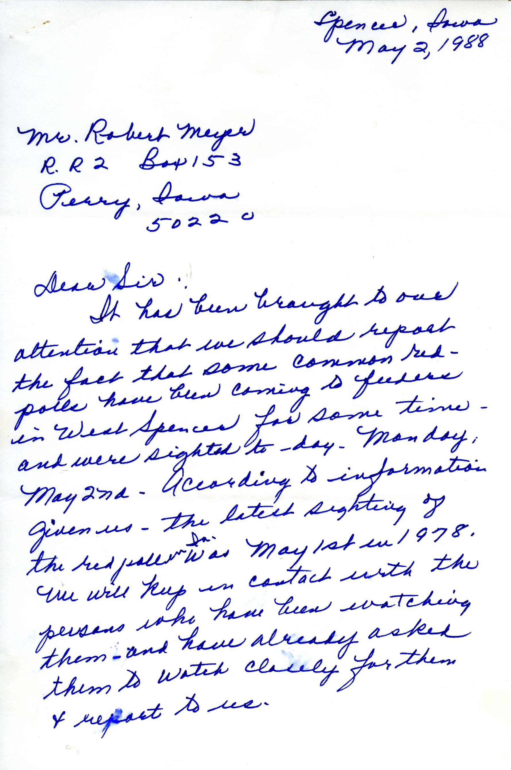 Dixie Kanago letter to Robert K. Myers regarding Common Redpoll and Red Crossbill sightings, May 2, 1988