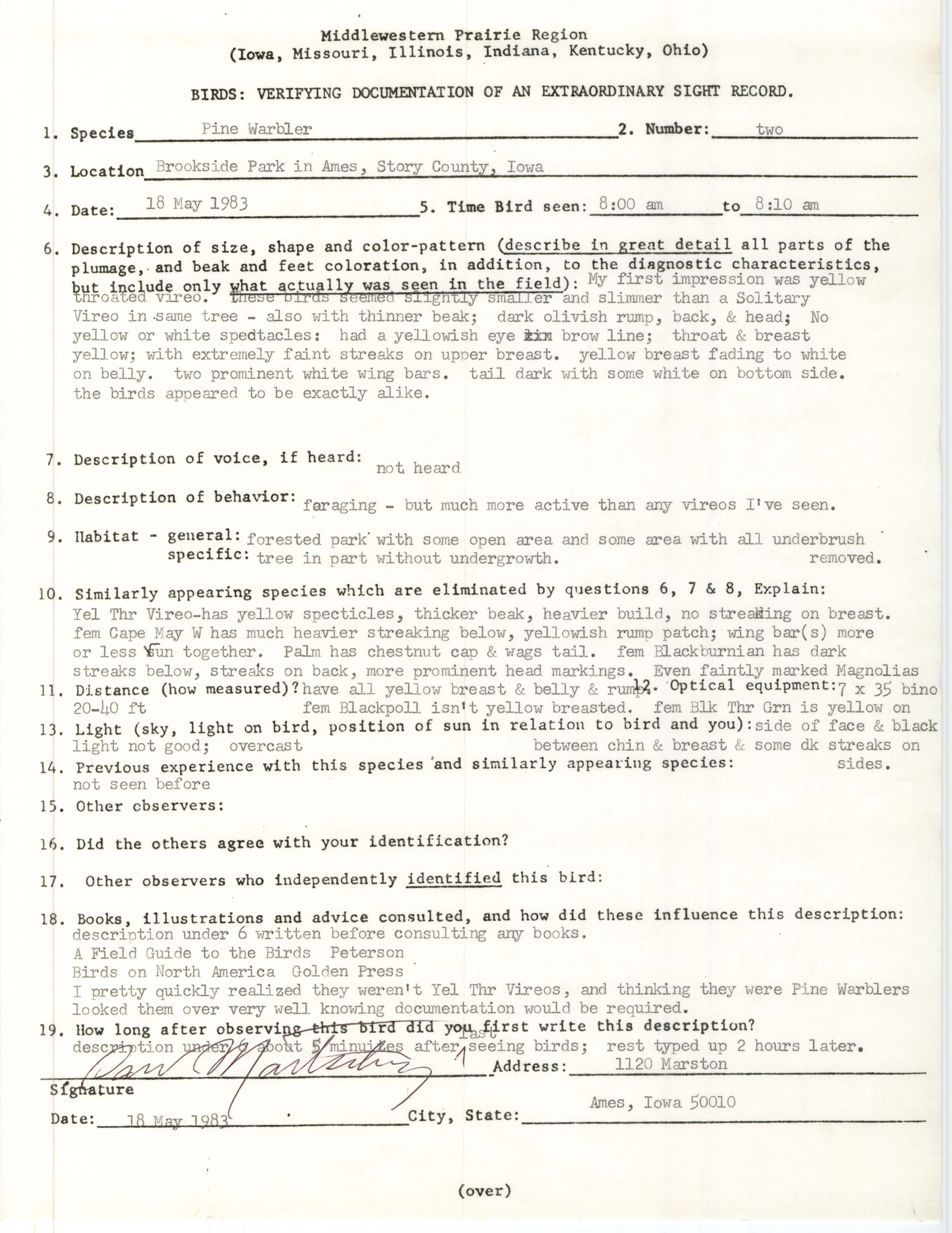 Rare bird documentation form for Pine Warbler at Brookside Park in Ames, 1983