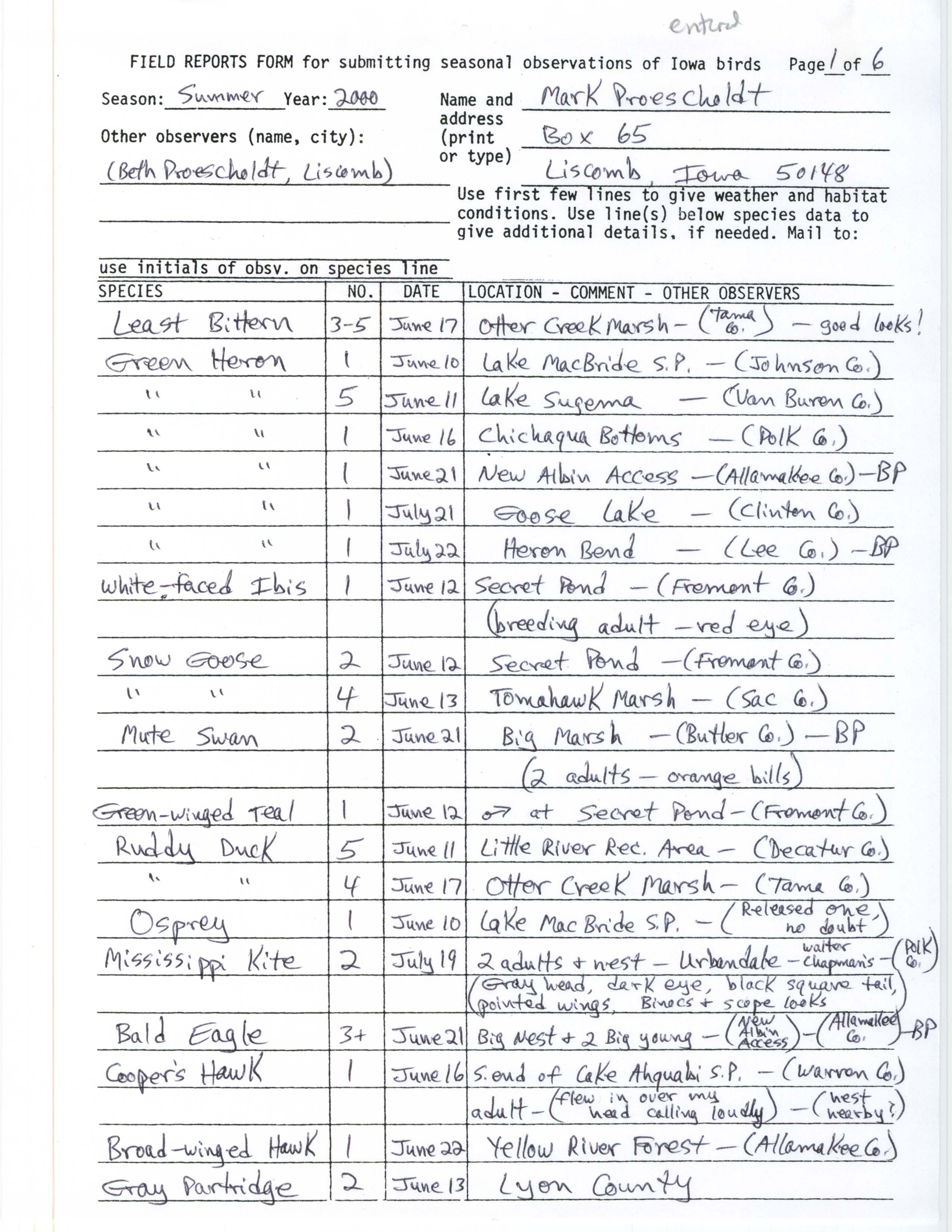 Field reports form for submitting seasonal observations of Iowa birds, Mark Proescholdt, summer 2000