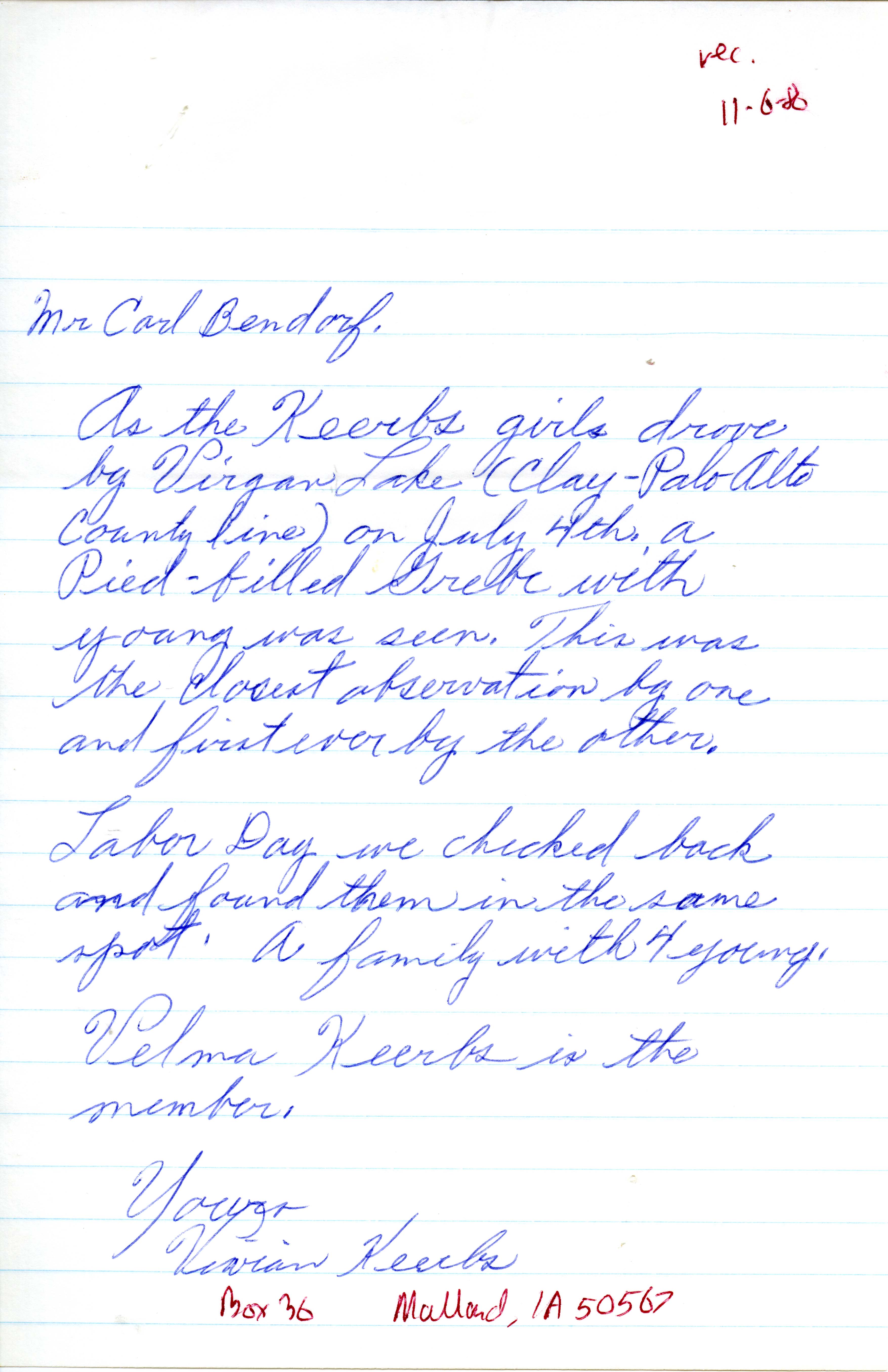 Vivian Keerbs letter to Carl J. Bendorf regarding the sighting of a Pied-billed Grebe, fall 1986