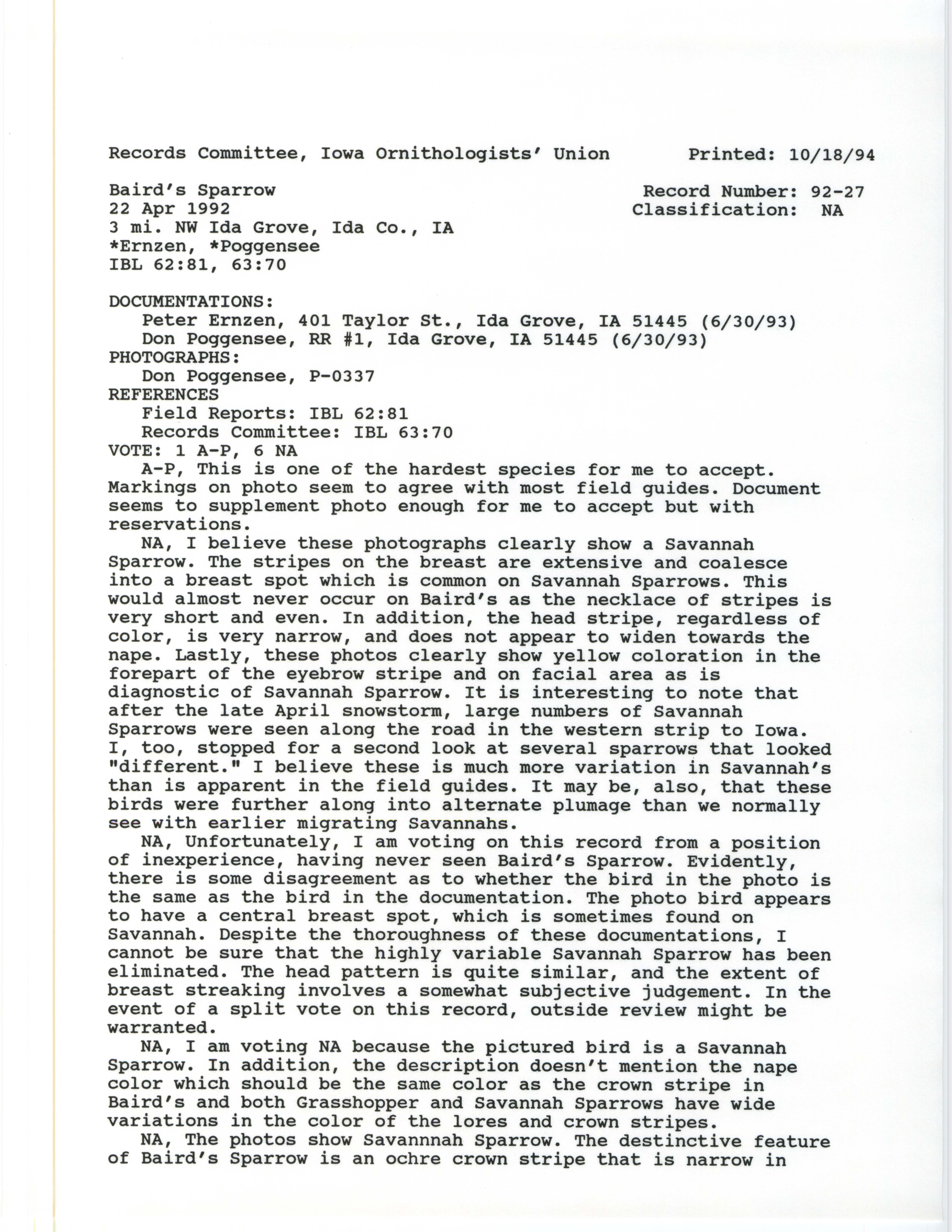 Records Committee review for rare bird sighting for Baird's Sparrow northwest of Ida Grove, 1992