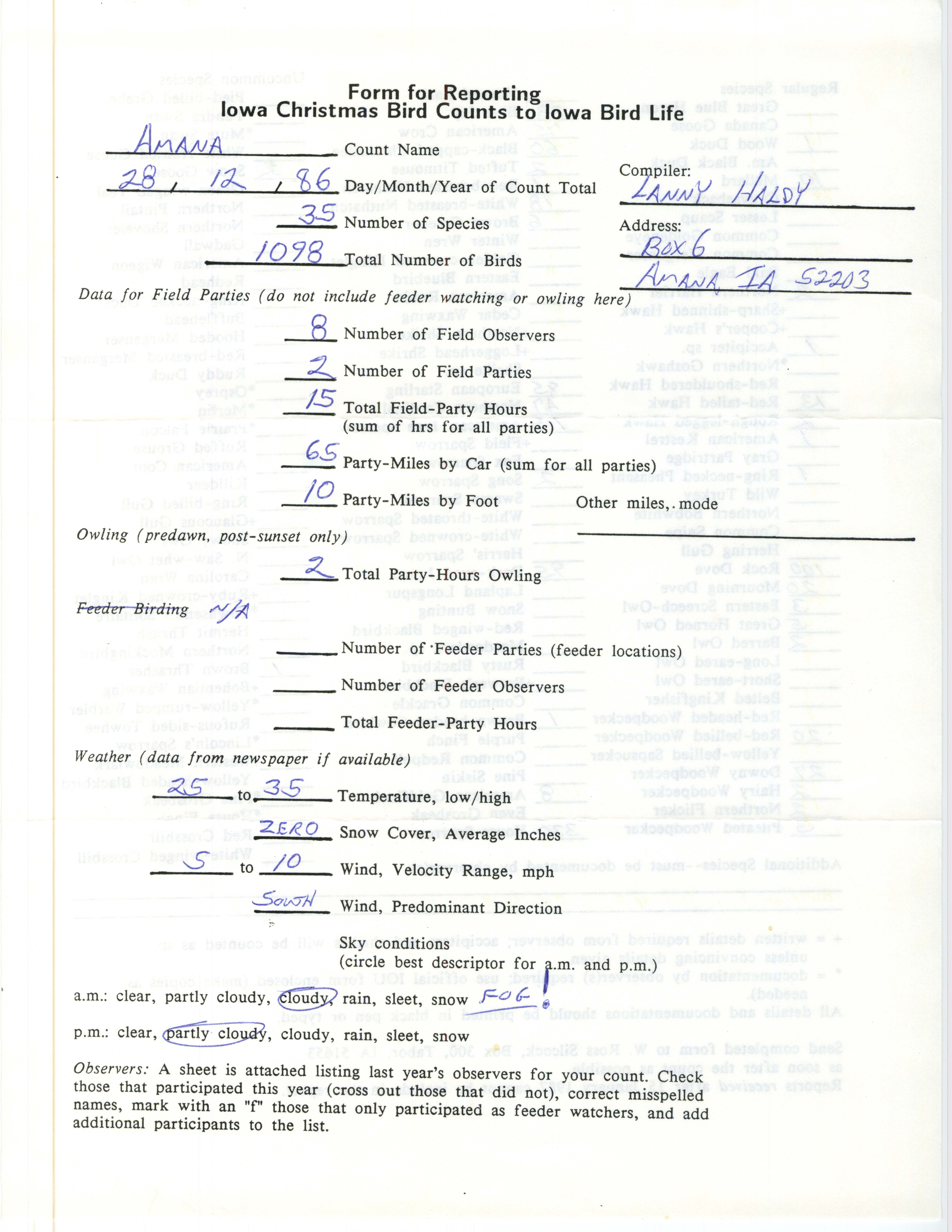 Form for reporting Iowa Christmas bird counts to Iowa Bird Life, Lanny Haldy, December 28, 1986