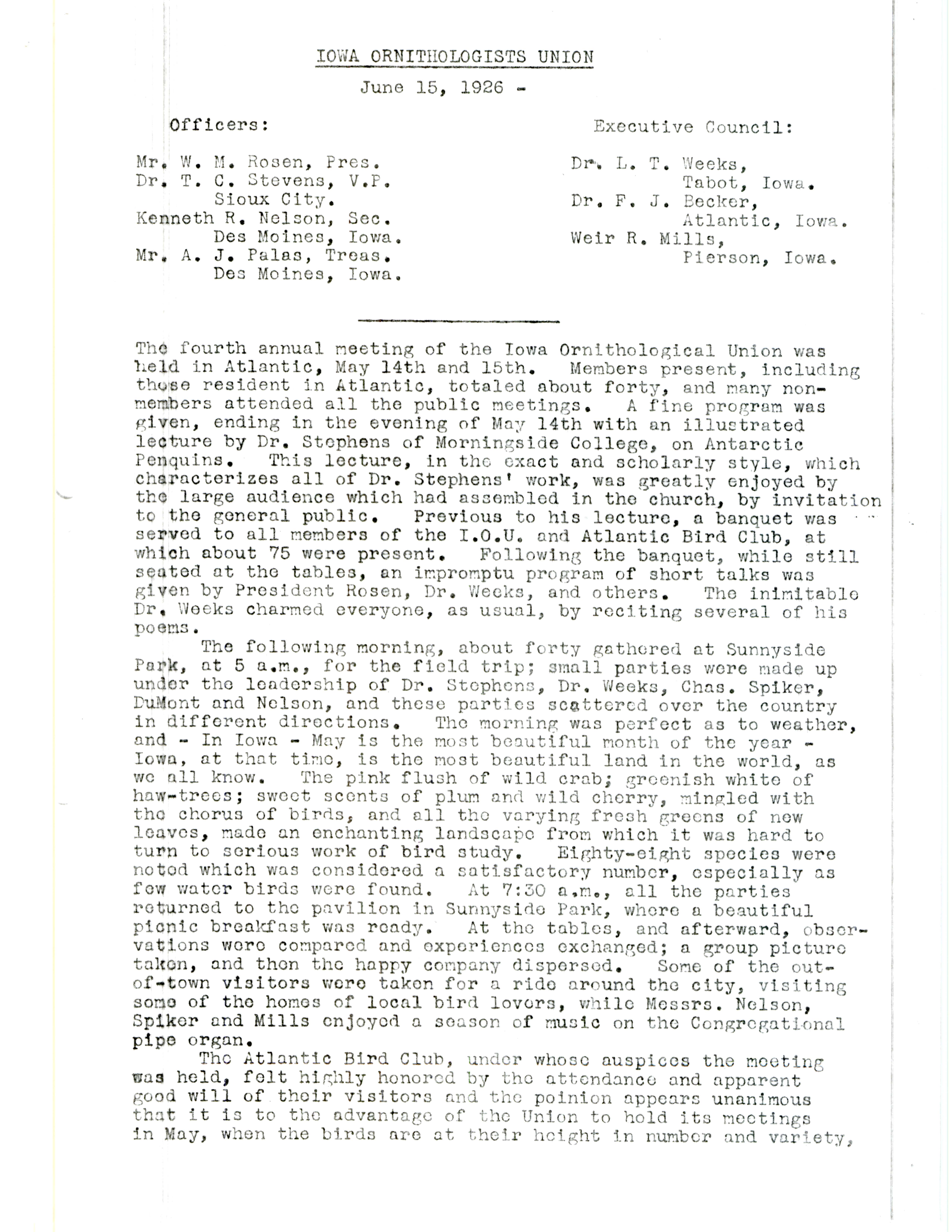 Iowa Ornithologits' Union meeting minutes, June 15, 1926