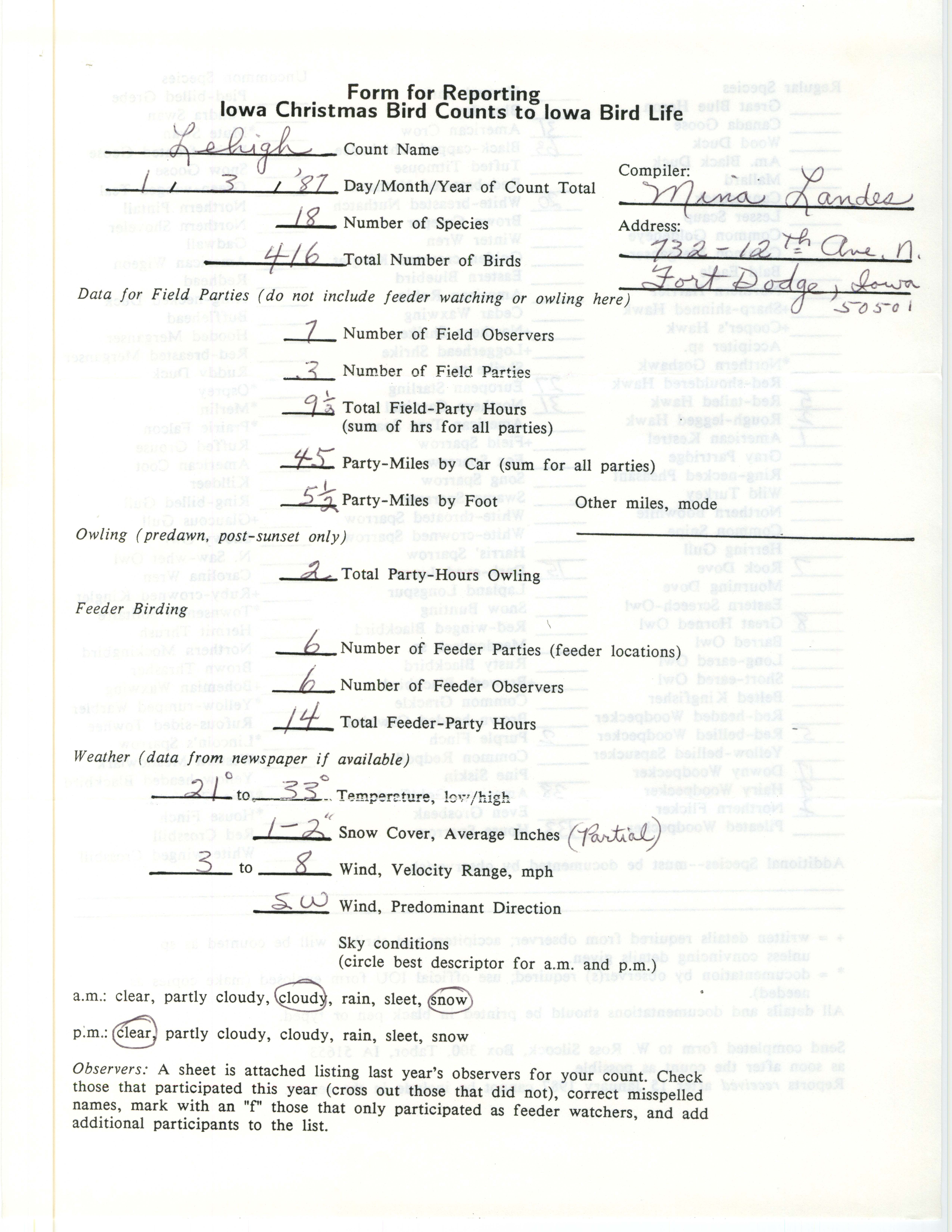 Form for reporting Iowa Christmas bird counts to Iowa Bird Life, Mina Landes, January 3, 1987