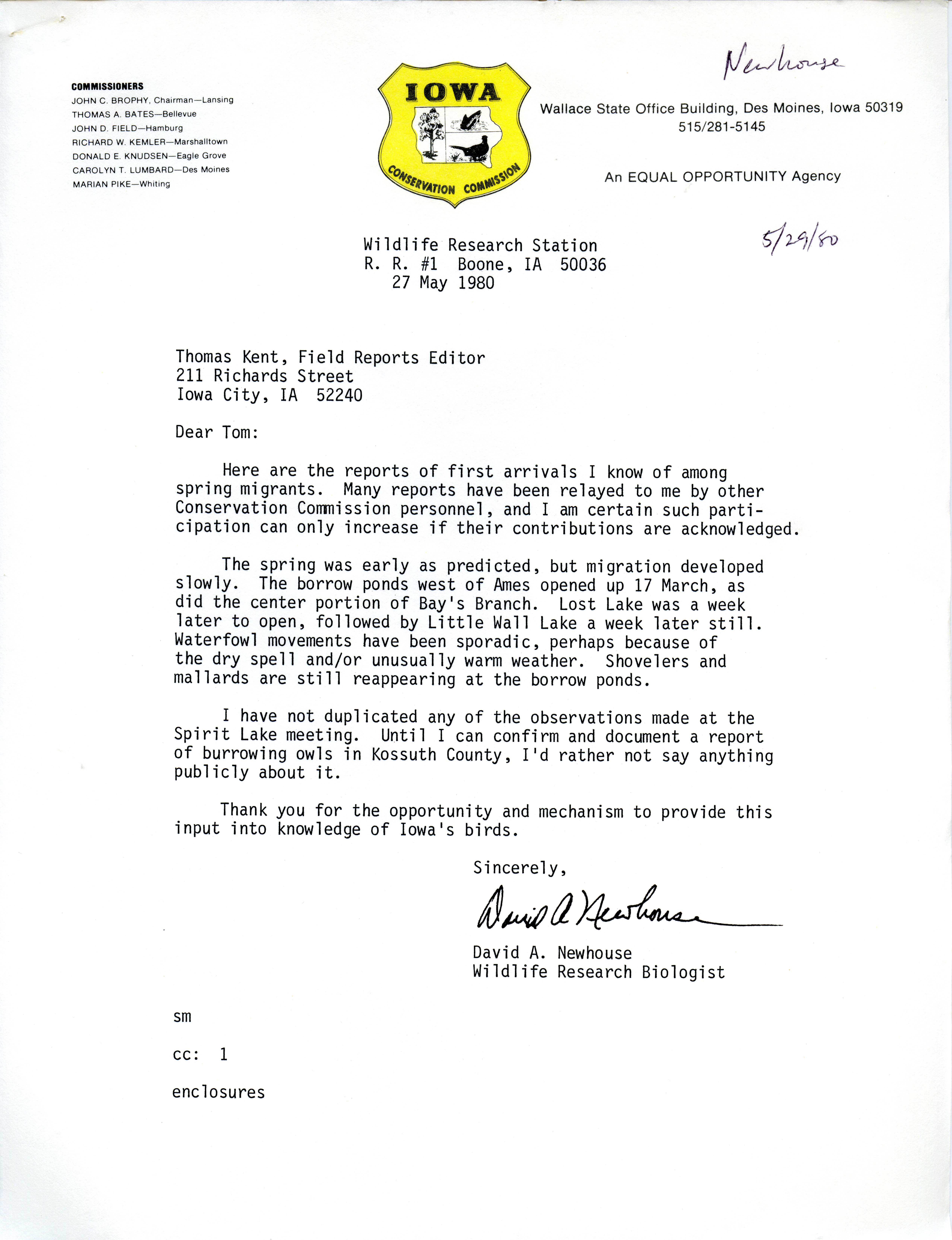 David A. Newhouse letter to Thomas H. Kent regarding bird sightings, May 27, 1980
