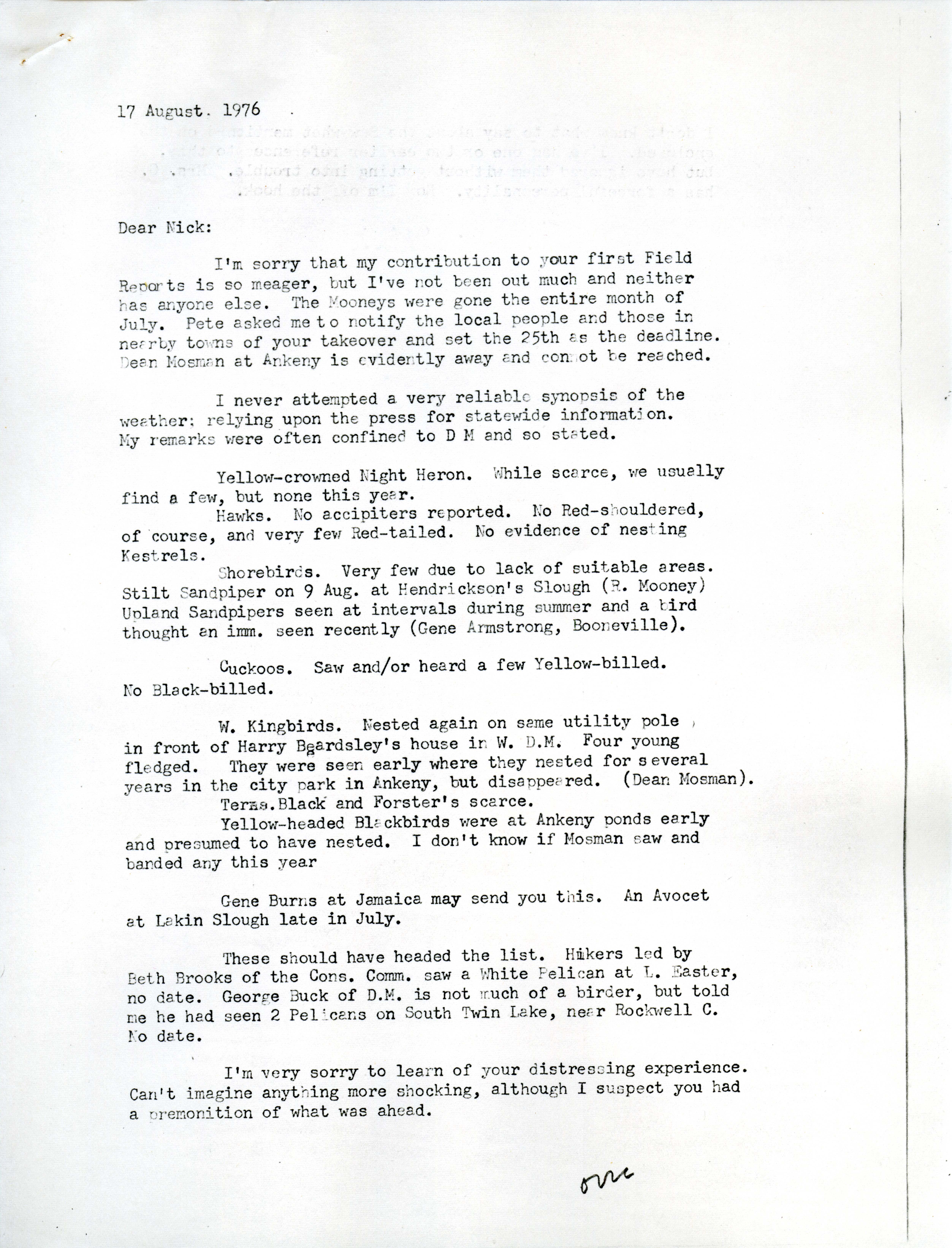 Letter from Woodward Brown to Nicholas Halmi regarding bird sightings, August 17, 1976