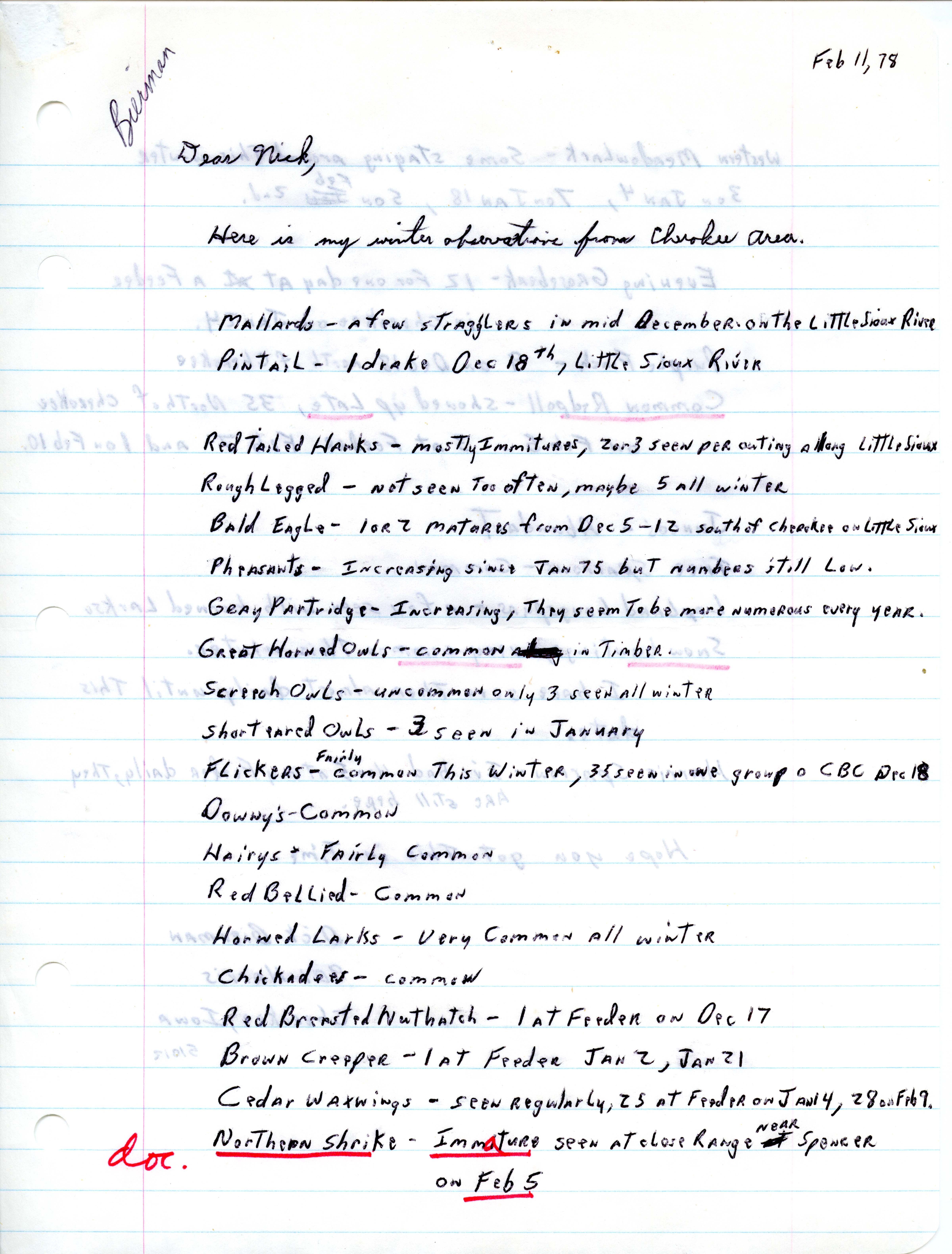 Dick Bierman letter to Nicholas S. Halmi regarding bird sightings, February 11, 1978