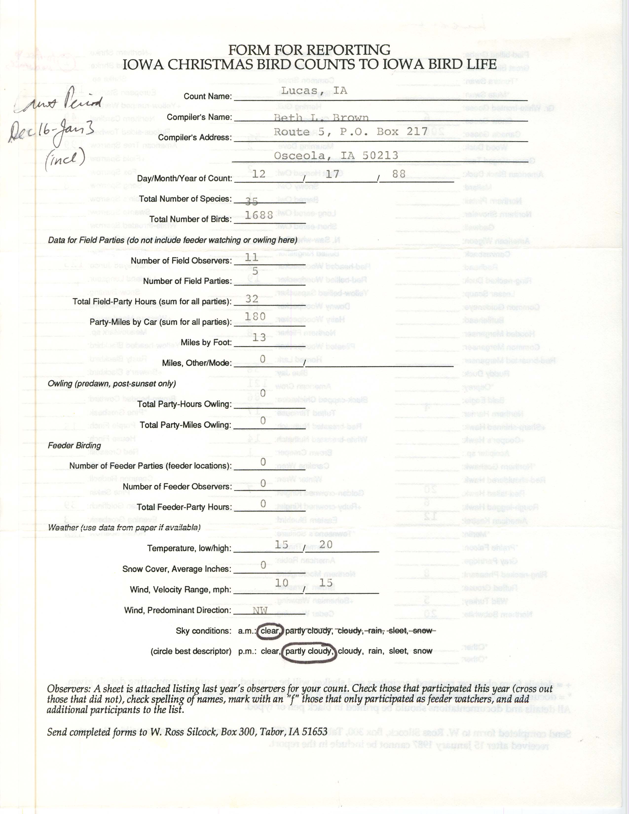 Form for reporting Iowa Christmas bird counts to Iowa Bird Life, Beth Brown, December 17, 1988