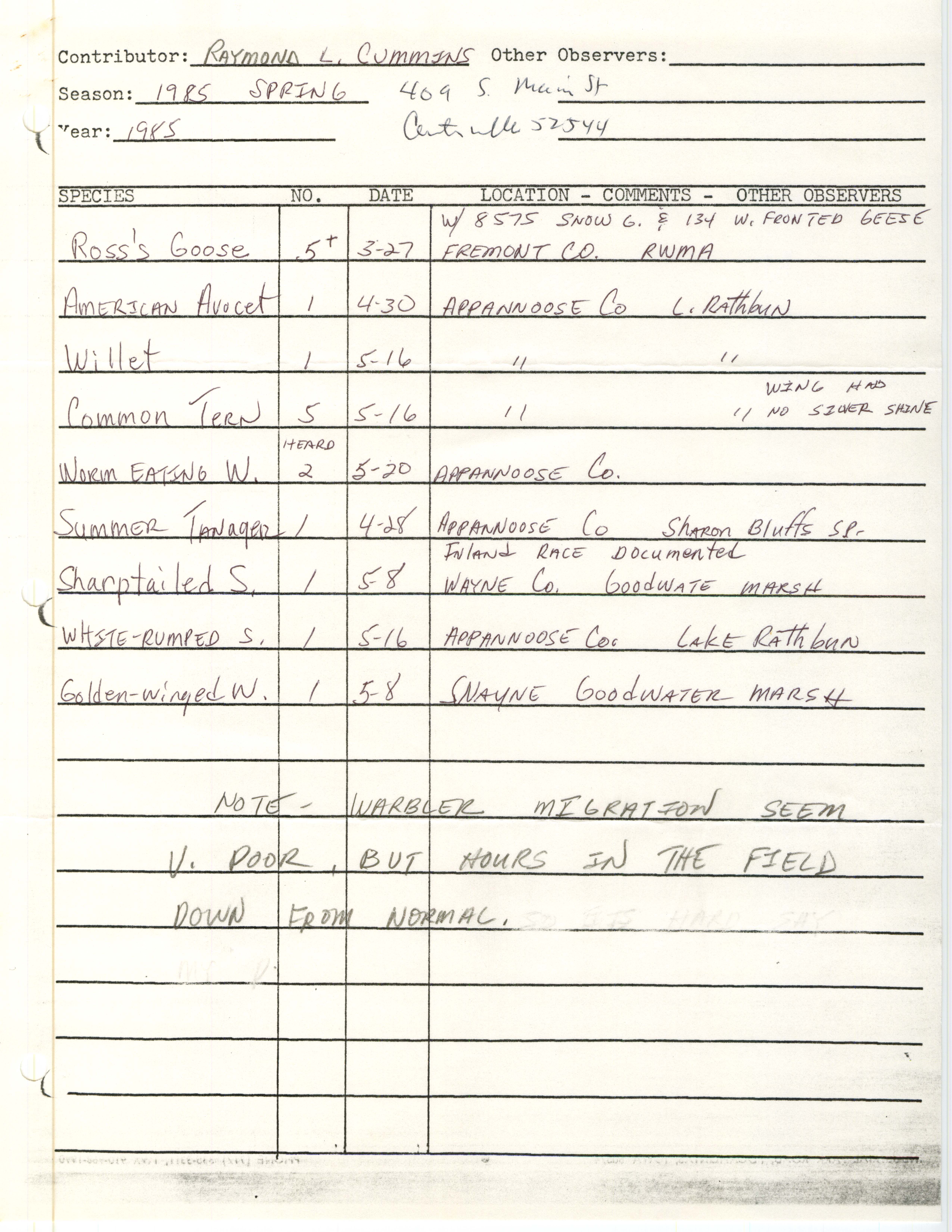Field notes contributed by Raymond L. Cummins, spring 1985
