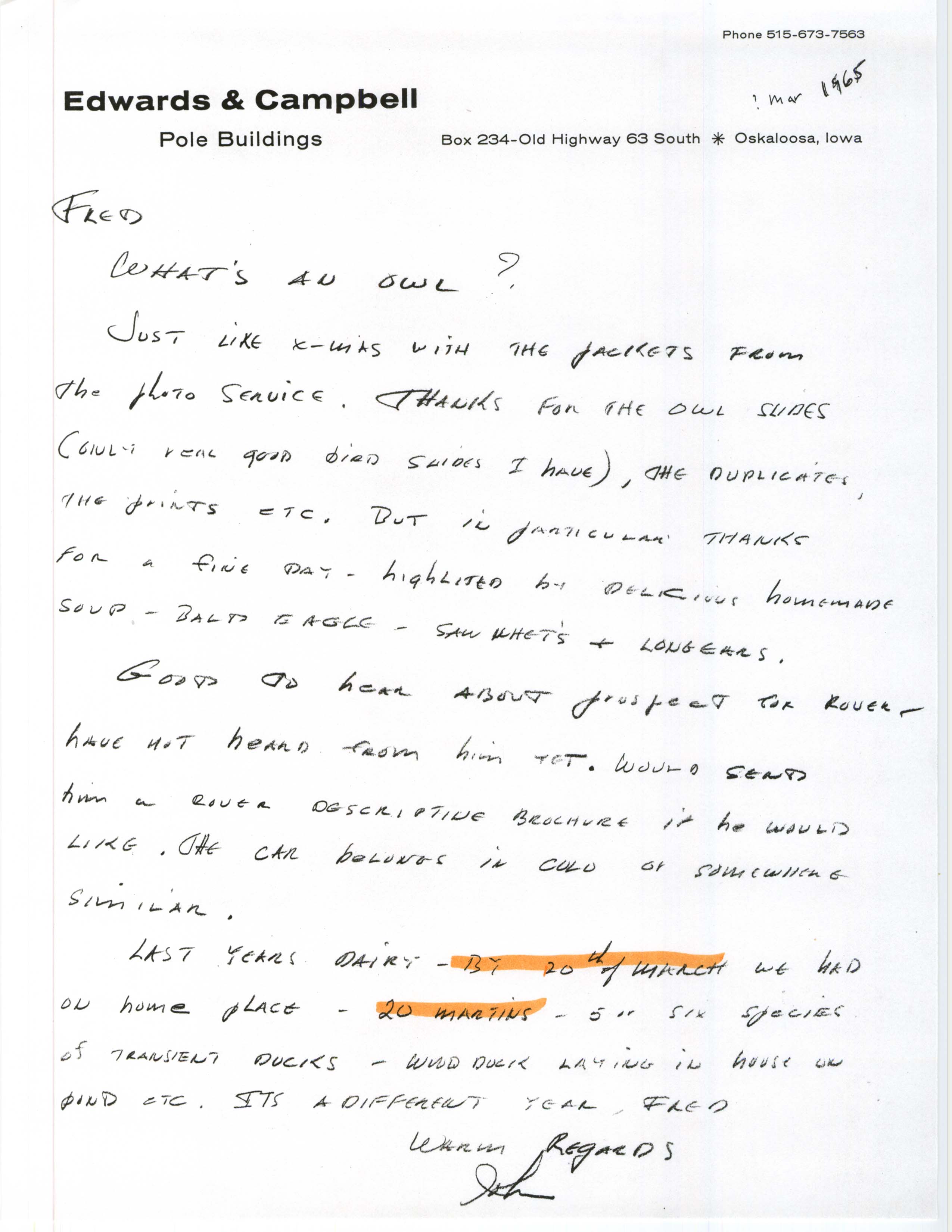 John letter to Fred Kent regarding bird sightings and owl slides, March 1965
