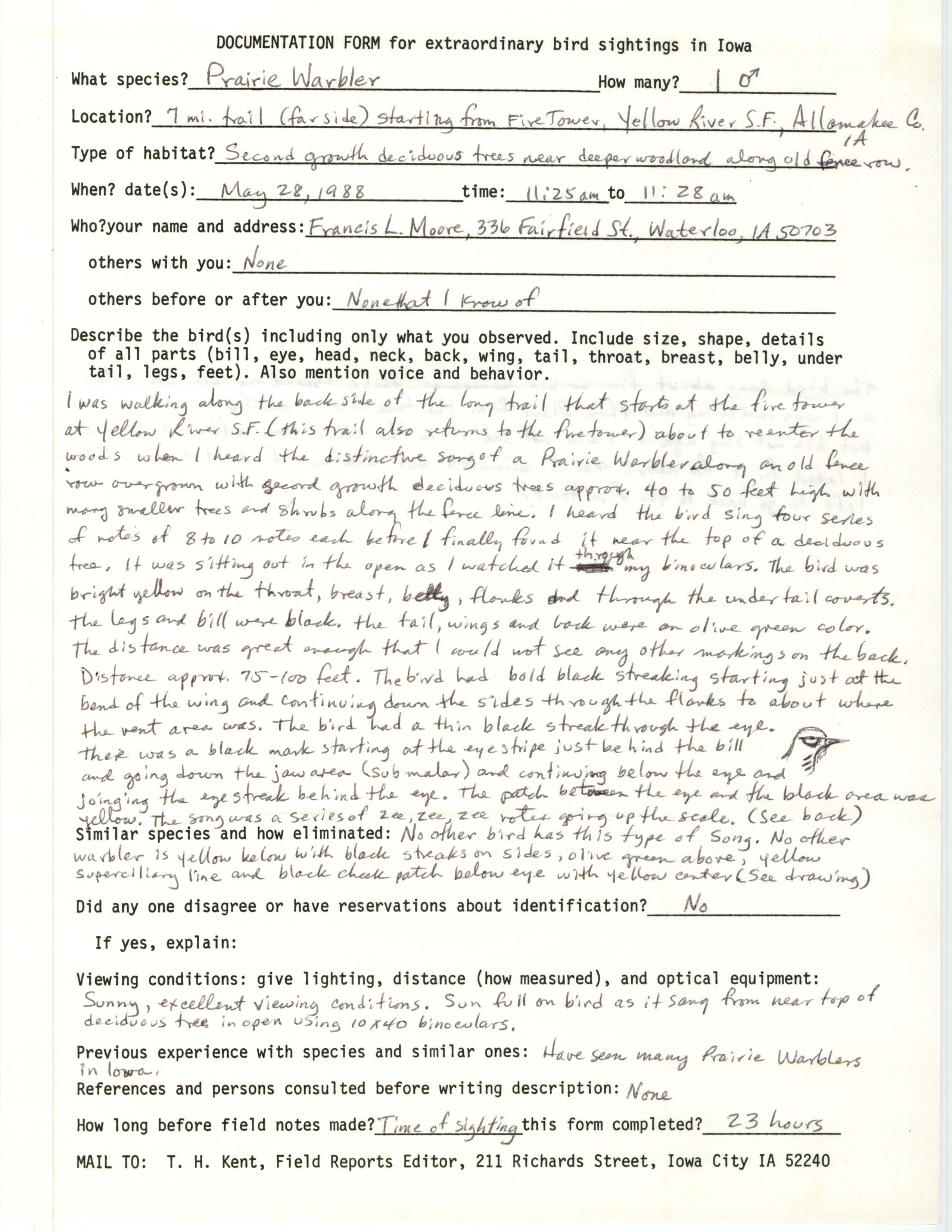Rare bird documentation form for Prairie Warbler at Yellow River State Forest Trail, 1988