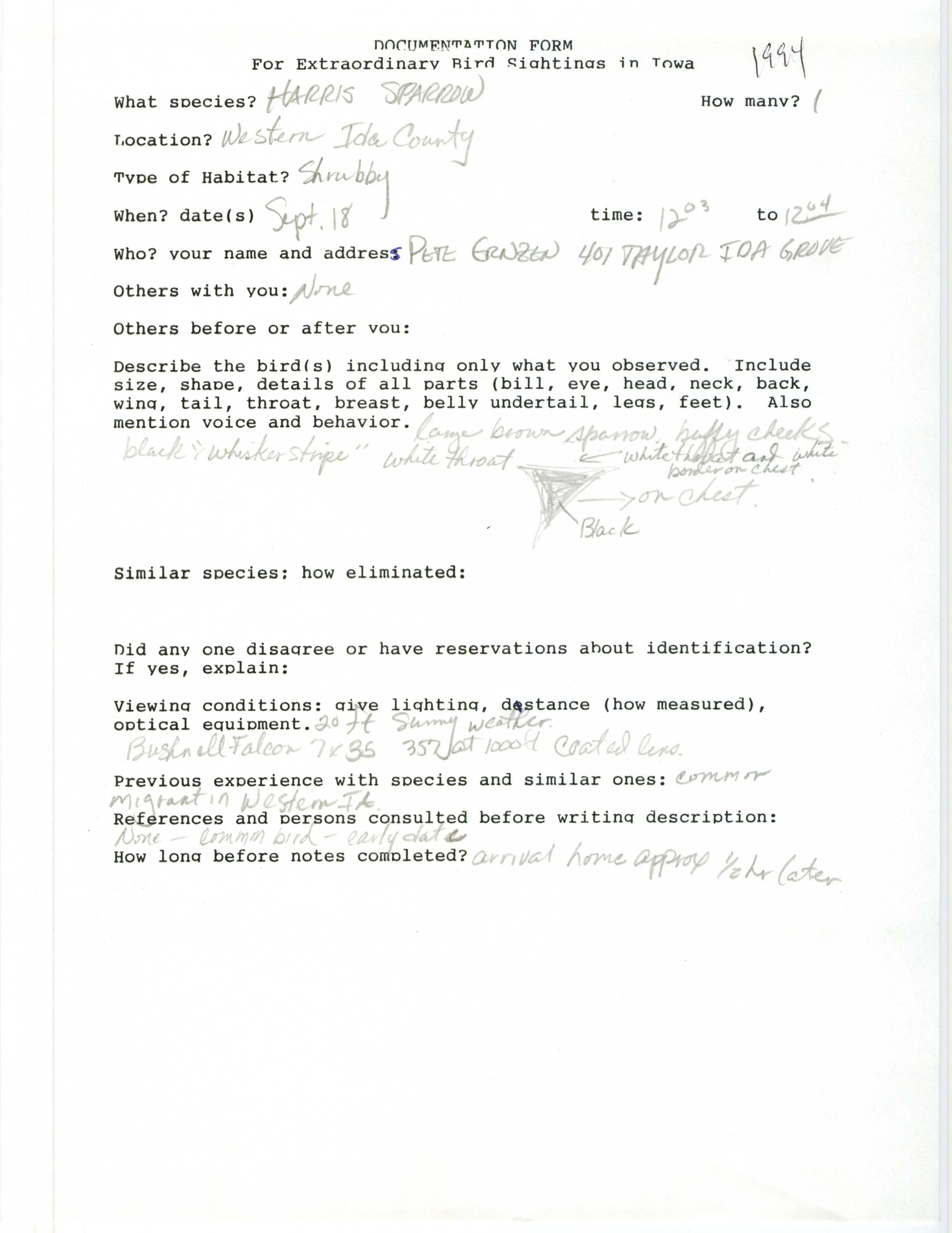 Rare bird documentation form for Harris' Sparrow in western Ida County, 1994
