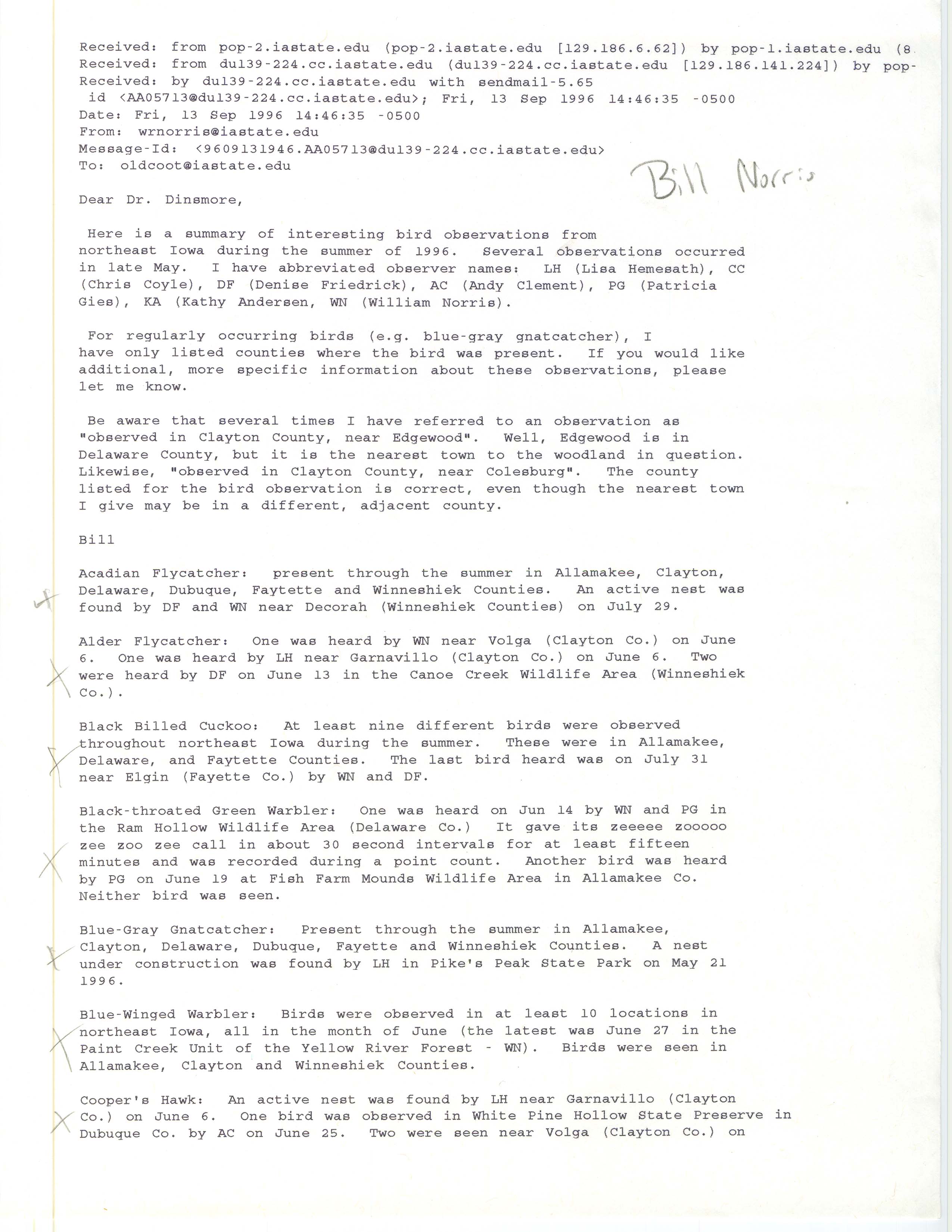 Field notes and Bill Norris email to James J. Dinsmore, September 13, 1996