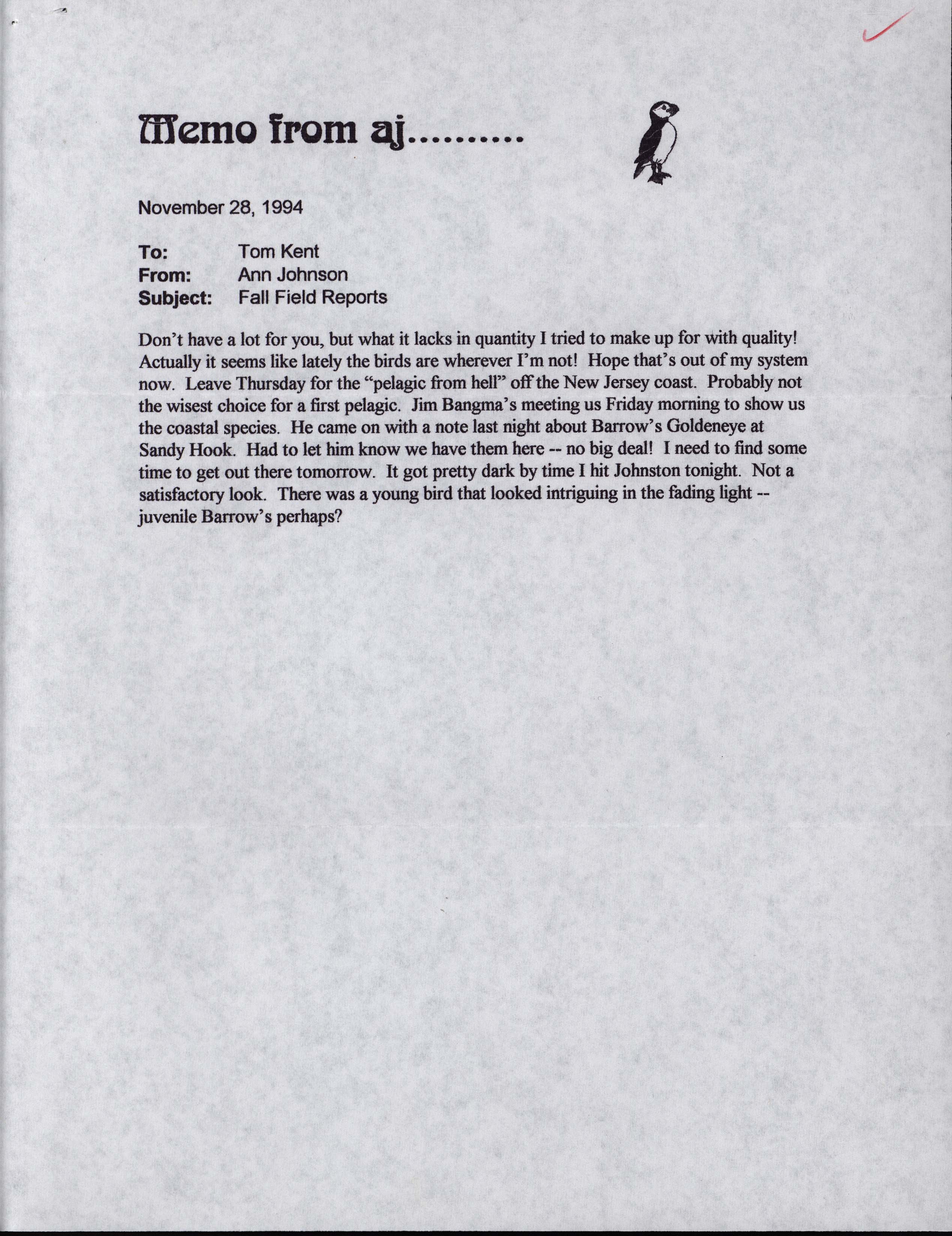 Ann Johnson letter to Thomas Kent regarding fall field reports, November 28, 1994