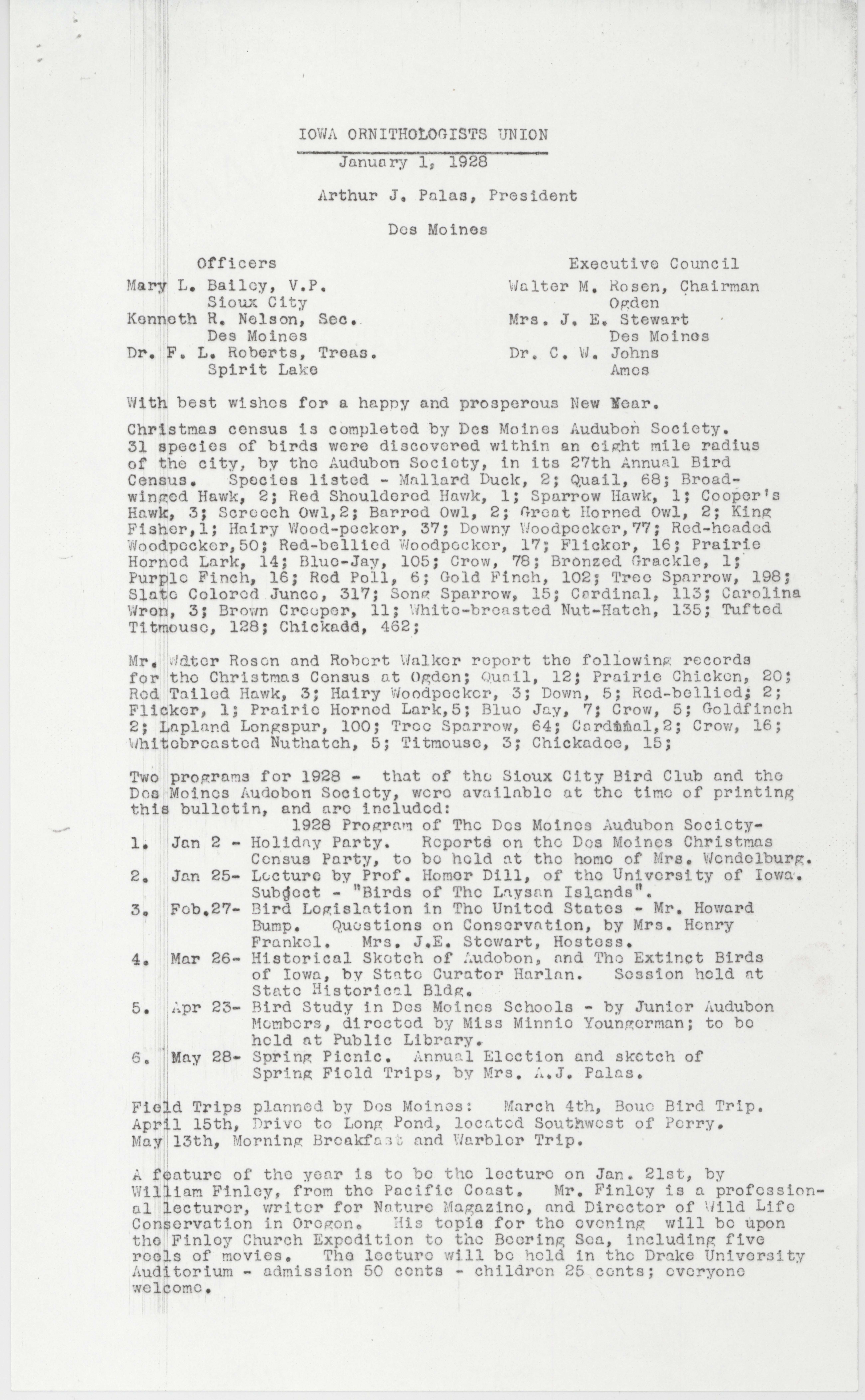 Minutes for the Iowa Ornithologists' Union meeting, January 1,1928