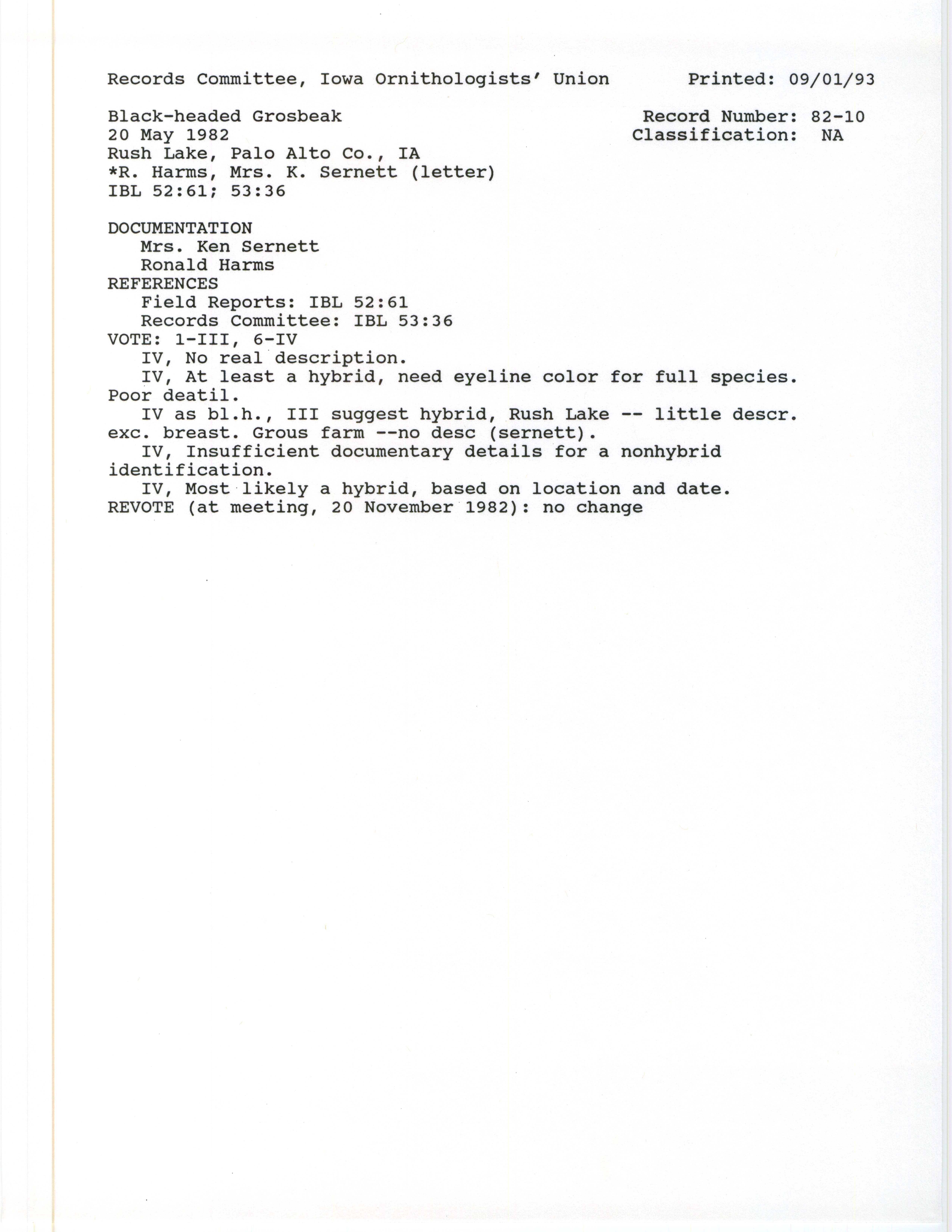 Records Committee review for rare bird sighting for Black-headed Grosbeak at Rush Lake, 1982