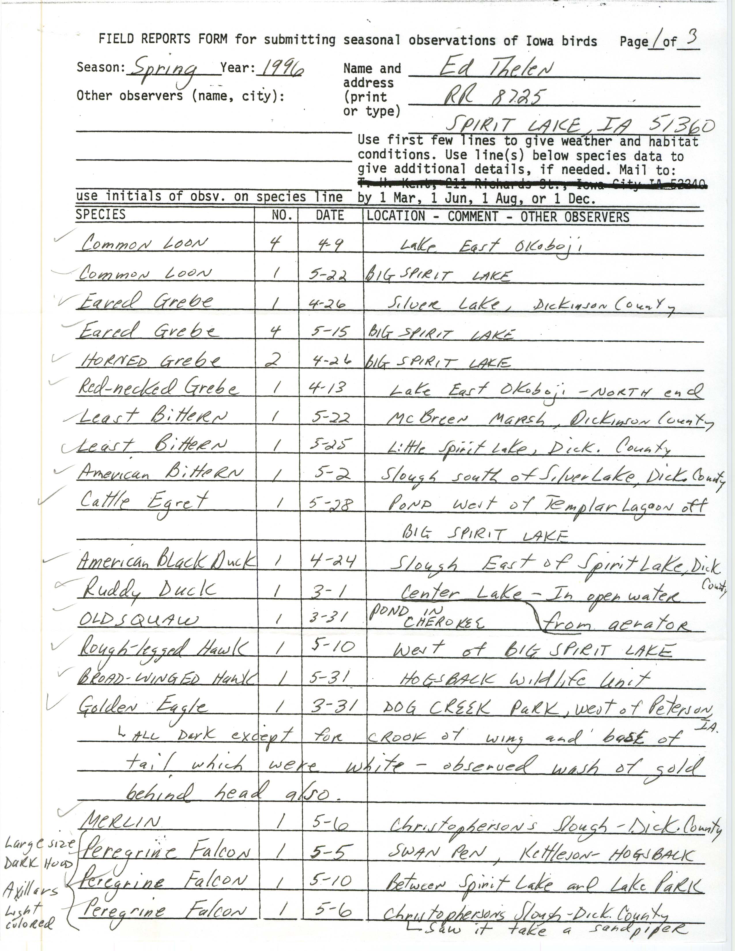 Field reports form for submitting seasonal observations of Iowa birds, Ed Thelen, spring 1996