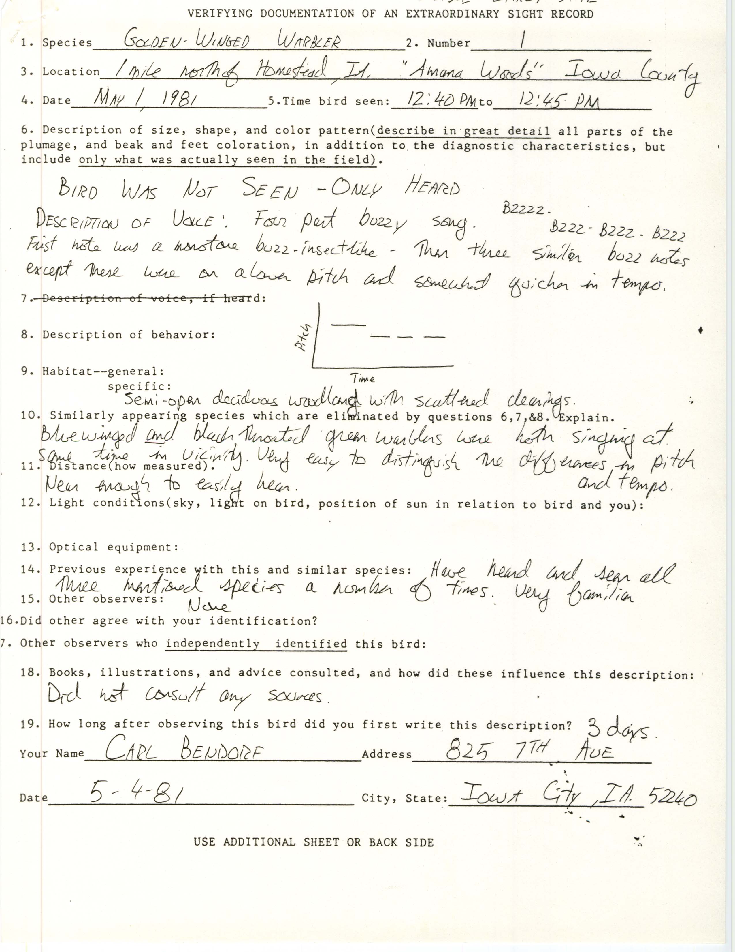 Rare bird documentation form for Golden-winged Warbler at Amana Woods in 1981