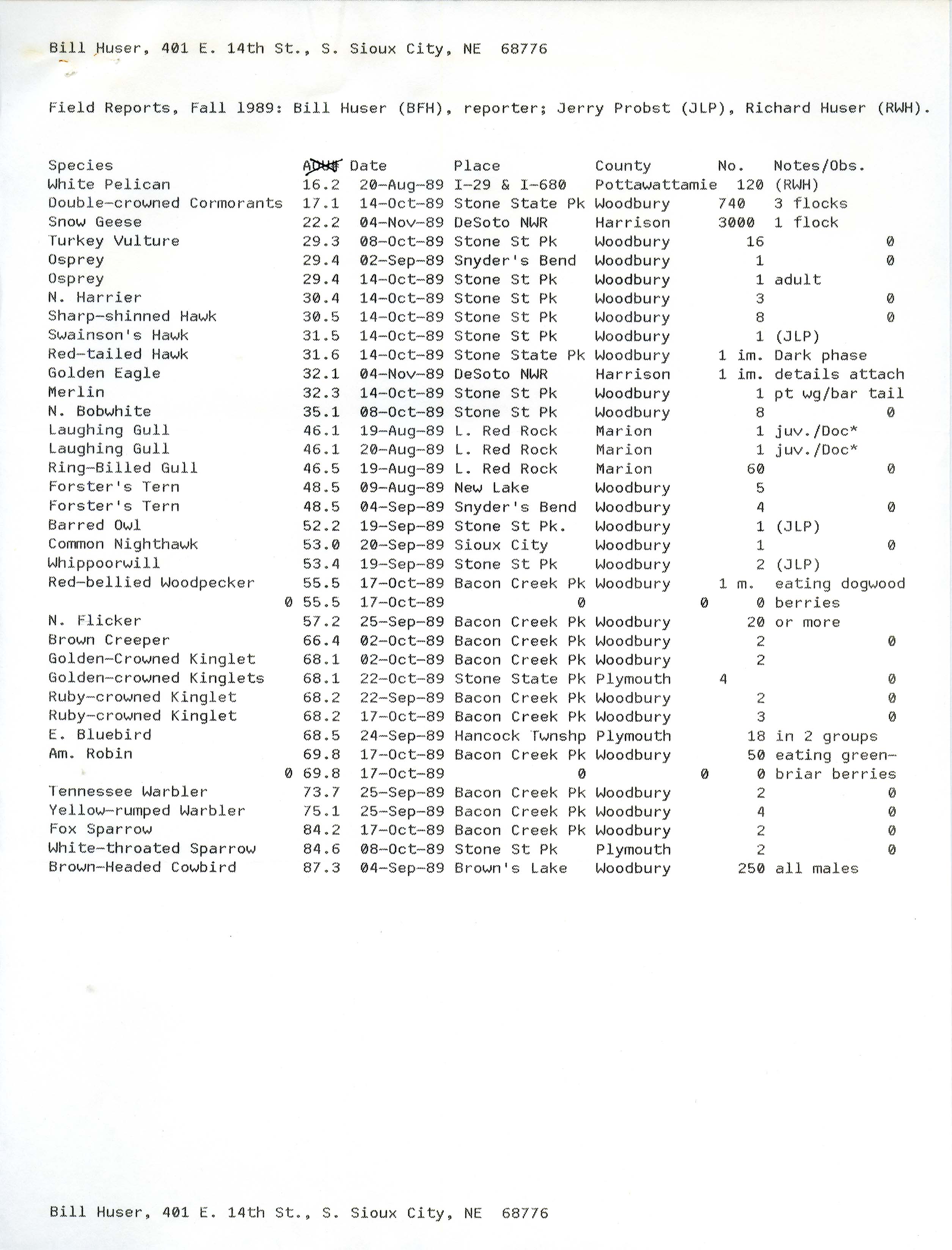 Field reports, Bill Huser, Jerry Probst, Richard Huser, fall 1989