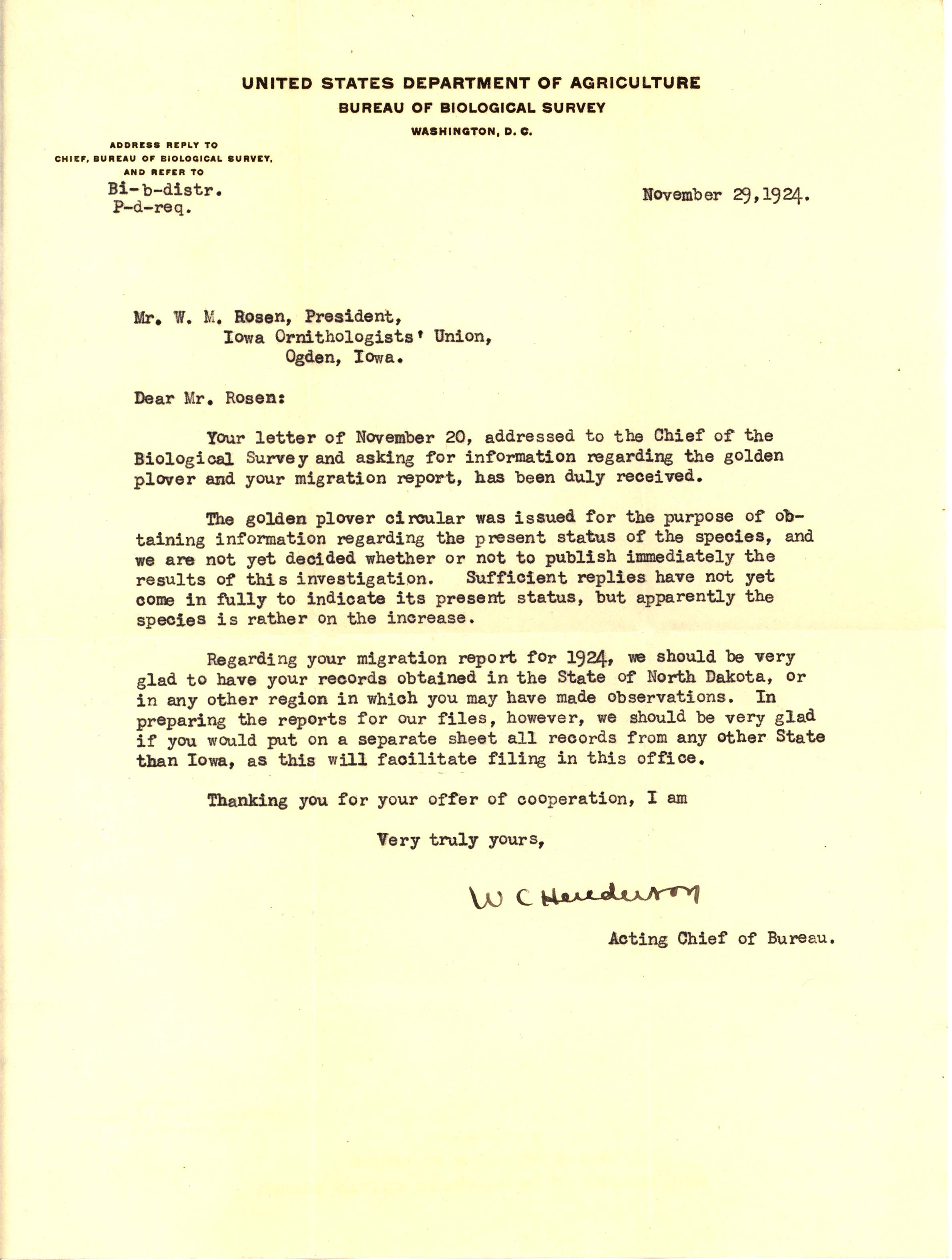 Walter C. Henderson letter to Walter Rosene regarding information on the Golden Plover and a 1924 migration report, November 29, 1924