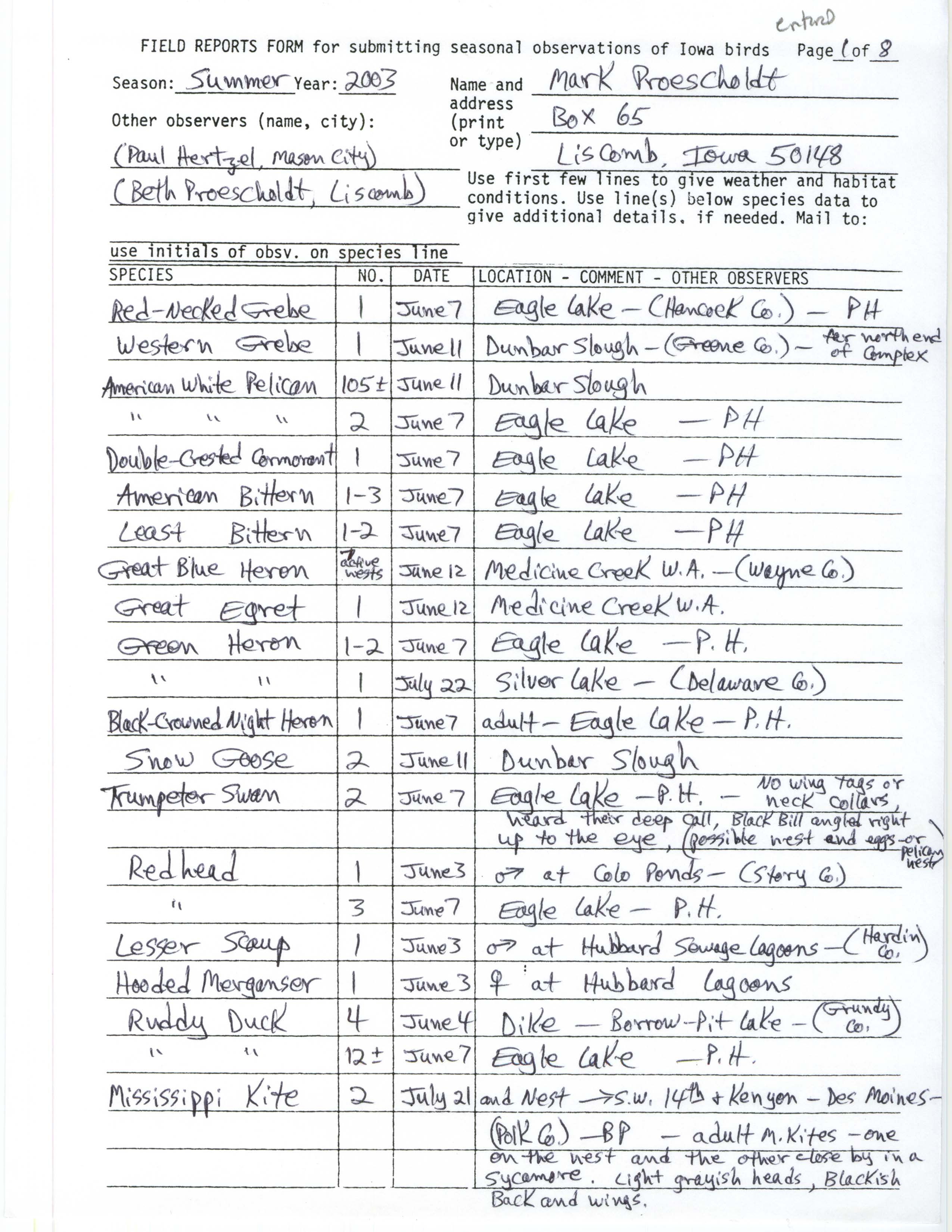 Field reports form for submitting seasonal observations of Iowa birds, Mark Proescholdt, summer 2003