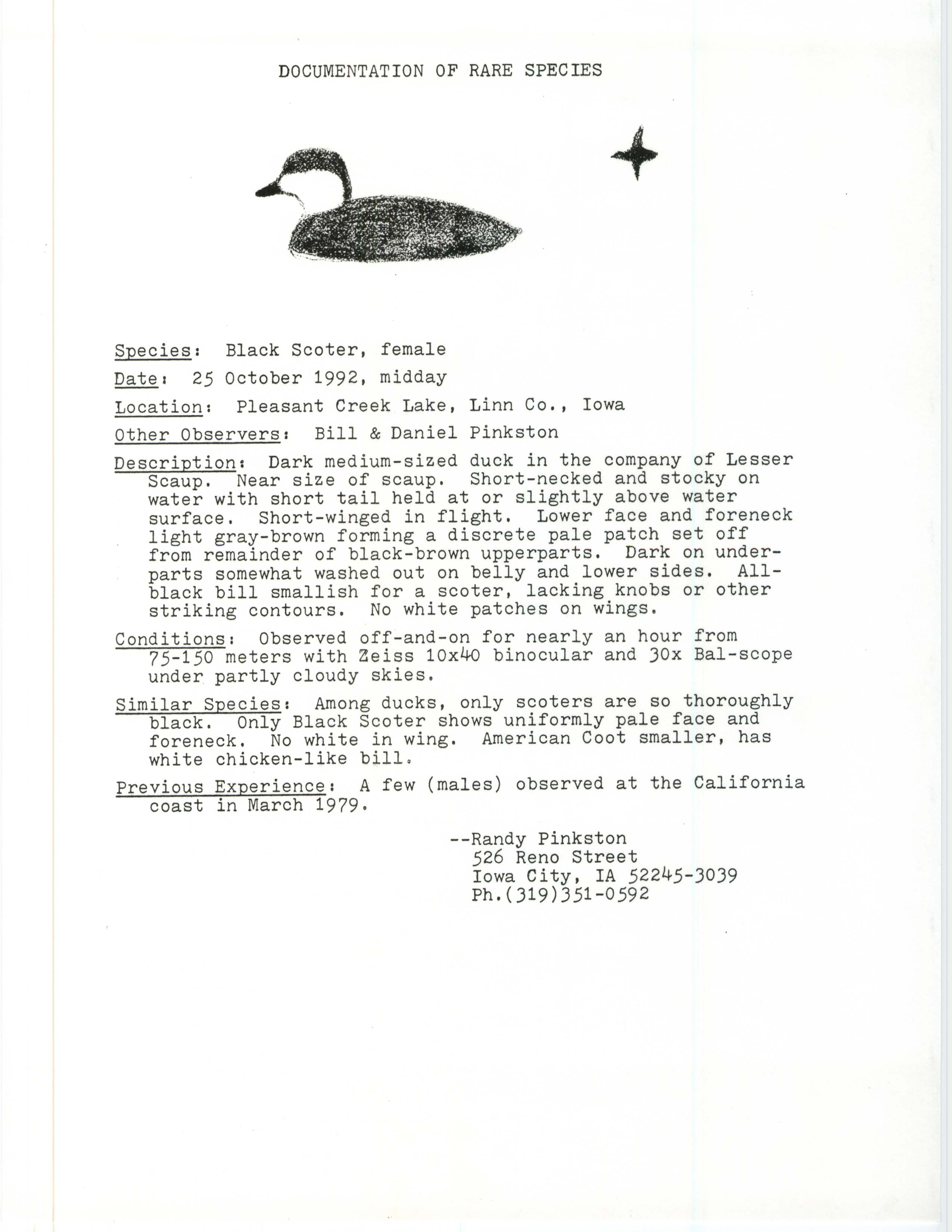Rare bird documentation form for Black Scoter at Pleasant Creek Lake, 1992