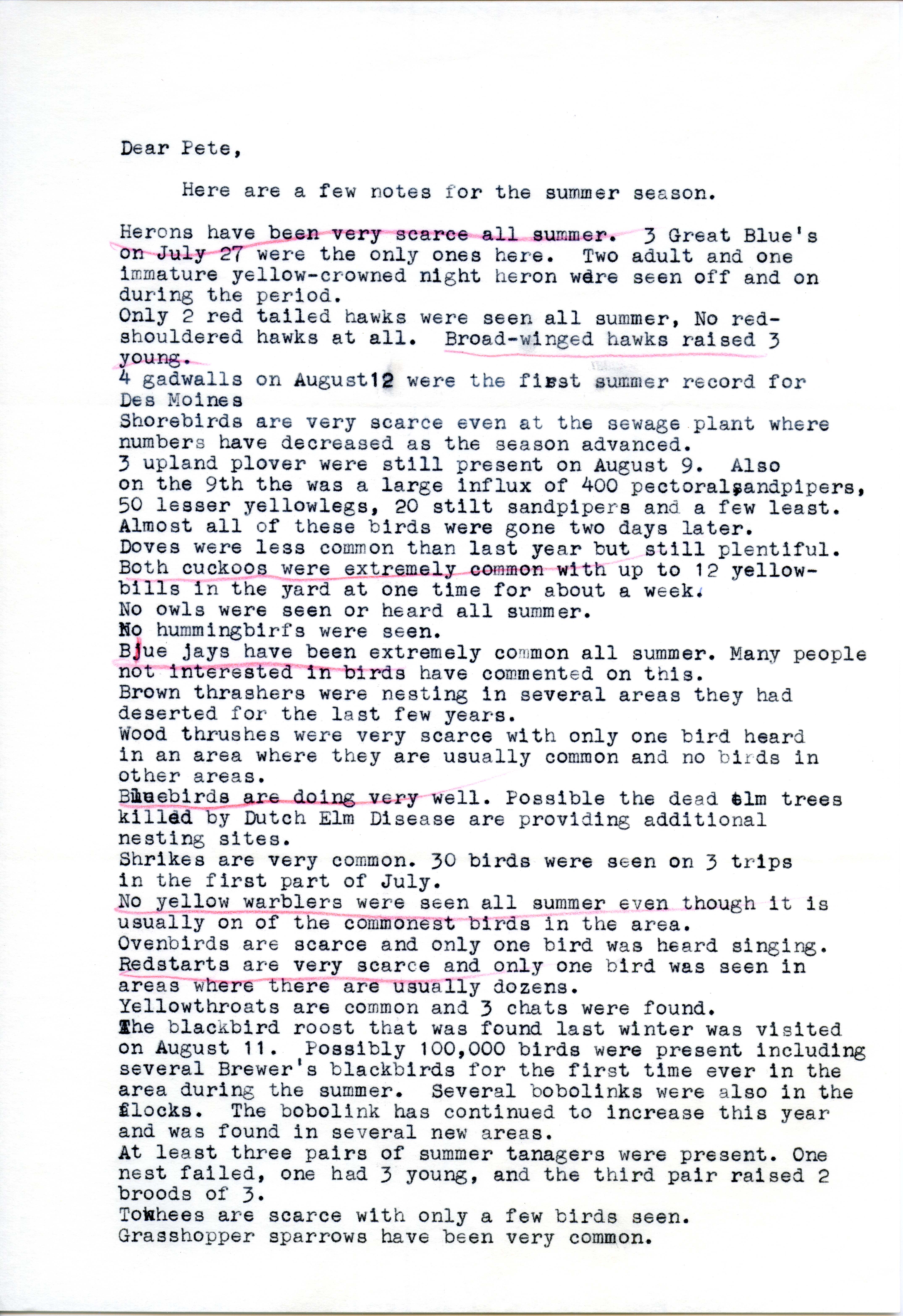Joe Kennedy letter to Peter C. Petersen regarding field notes for summer, 1963