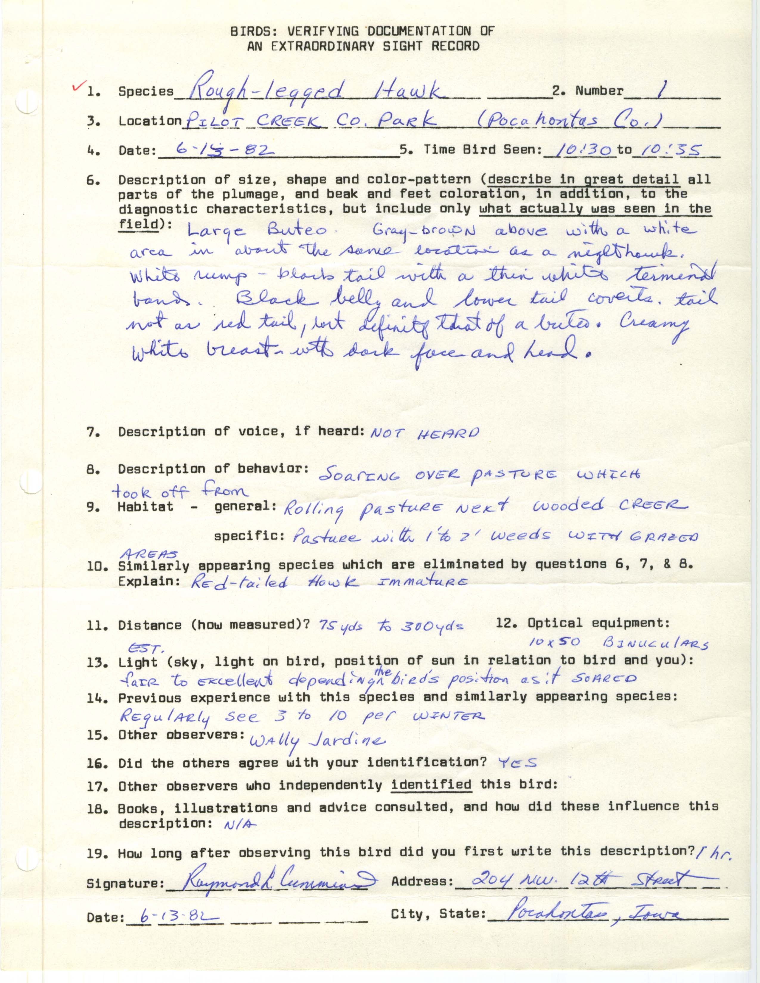 Rare bird documentation form for Rough-legged Hawk at Pilot Creek County Park, 1982