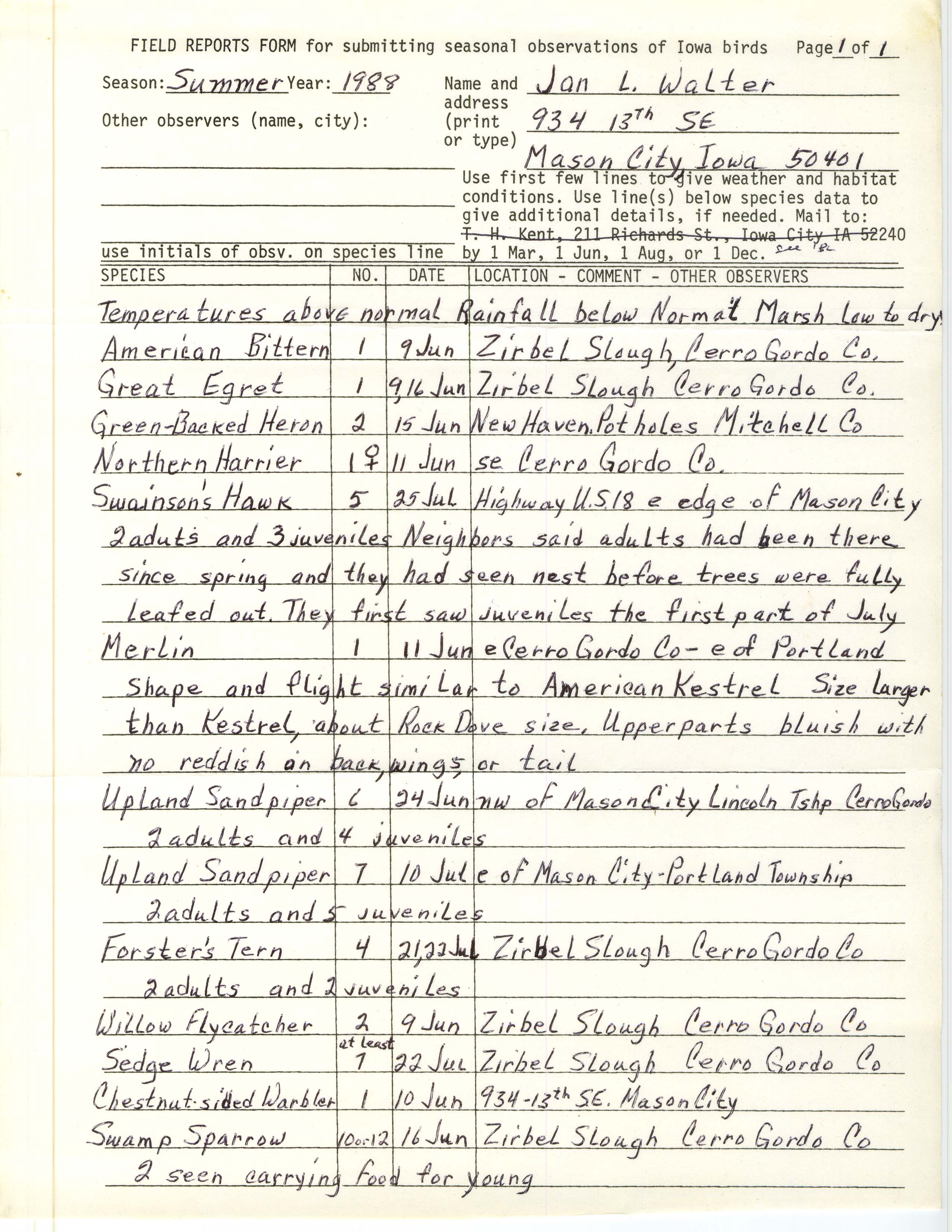 Field reports form for submitting seasonal observations of Iowa birds, Jan L. Walter, summer 1988