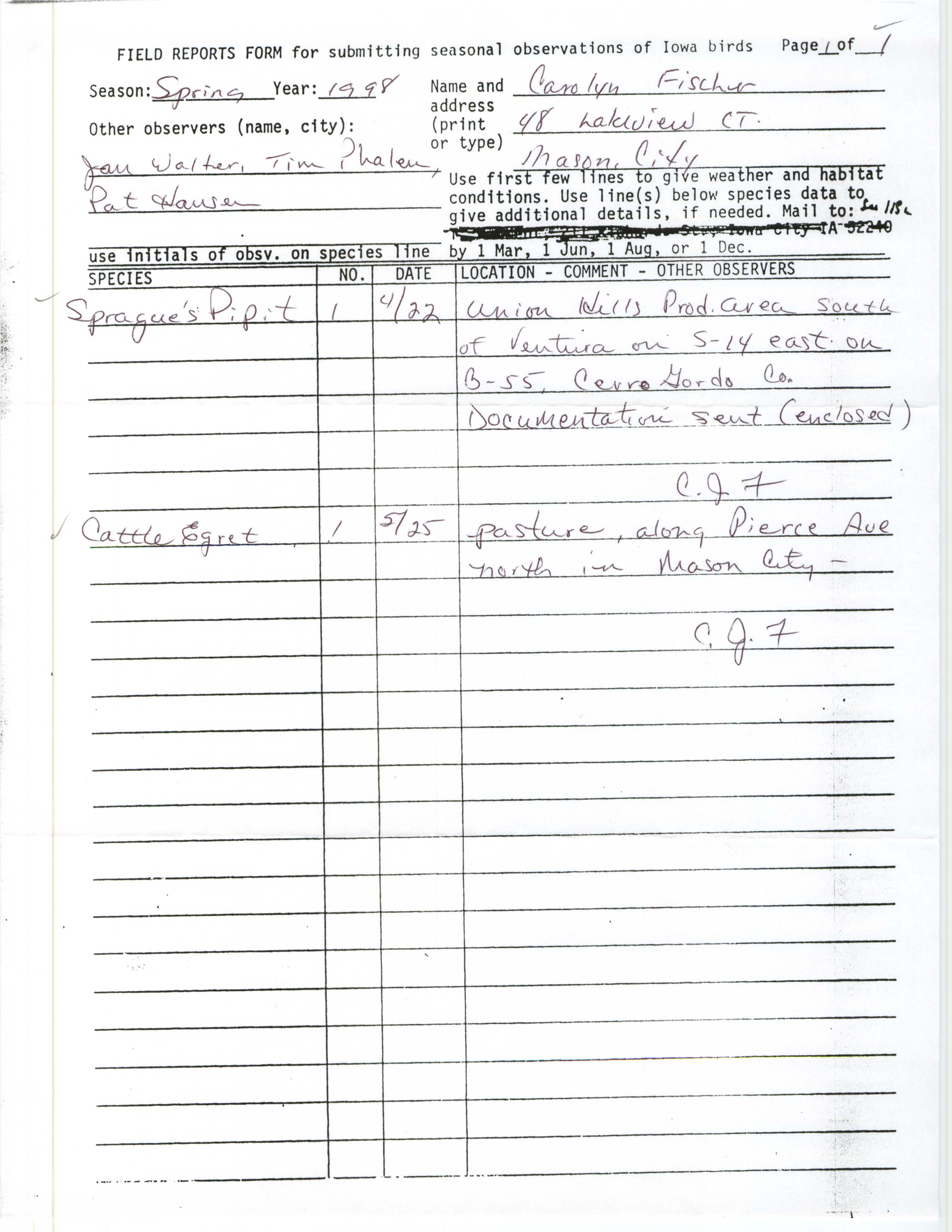 Field reports form for submitting seasonal observations of Iowa birds, Carolyn Fischer, spring 1998