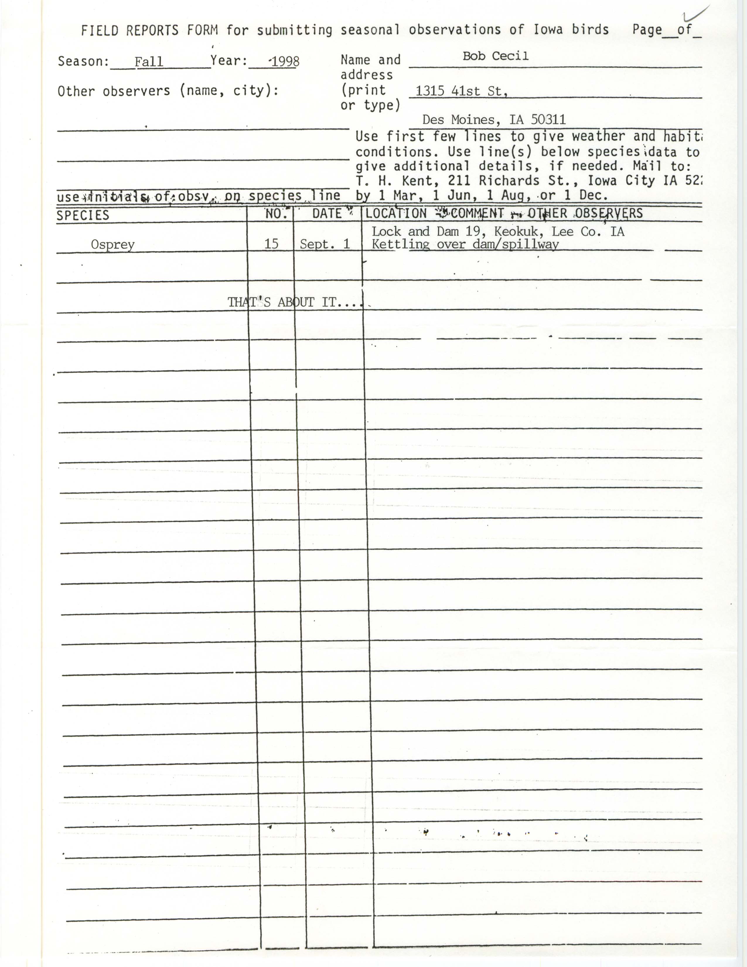 Field reports form for submitting seasonal observations of Iowa birds, Robert I. Cecil, fall 1998