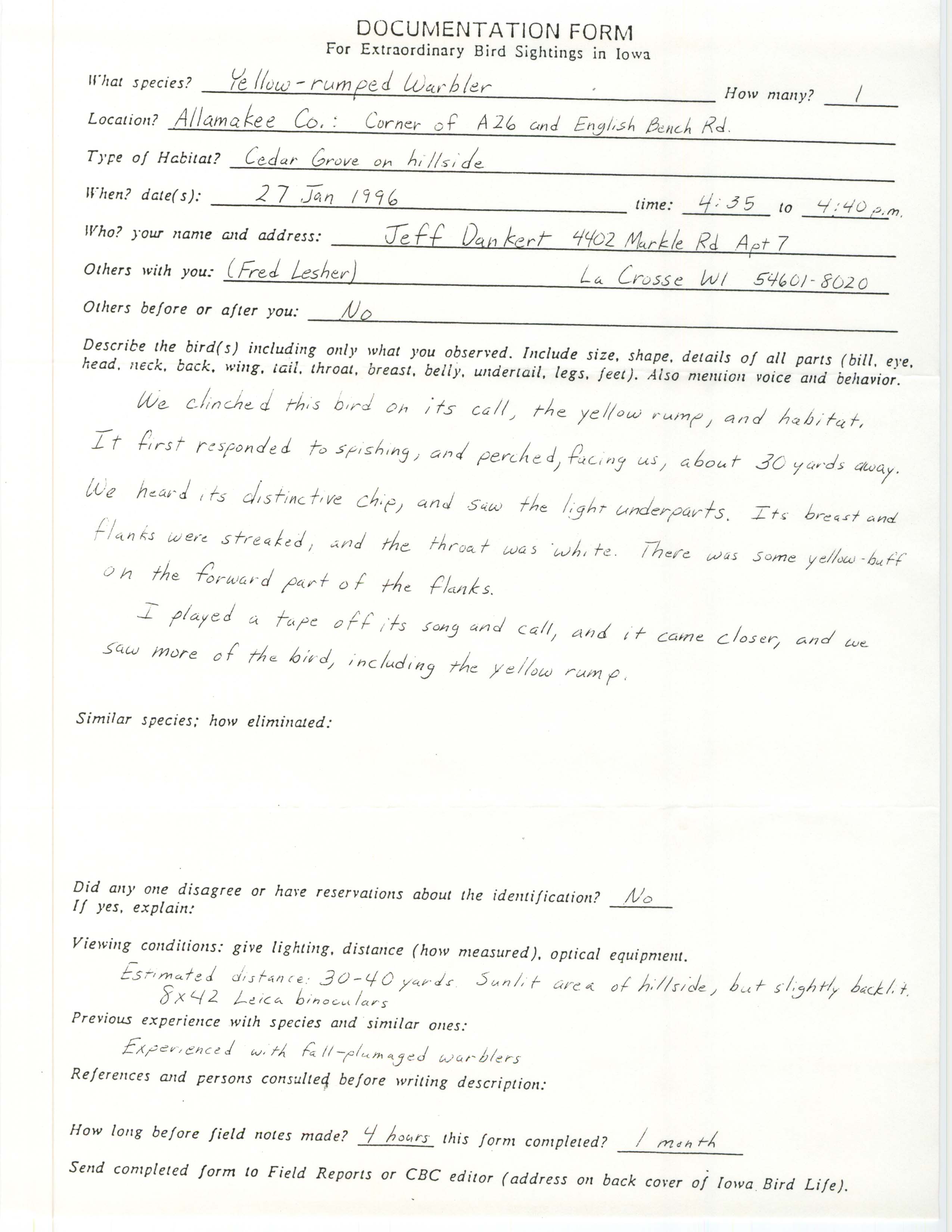 Rare bird documentation form for Yellow-rumped Warbler at Union City Township in Allamakee County, 1996