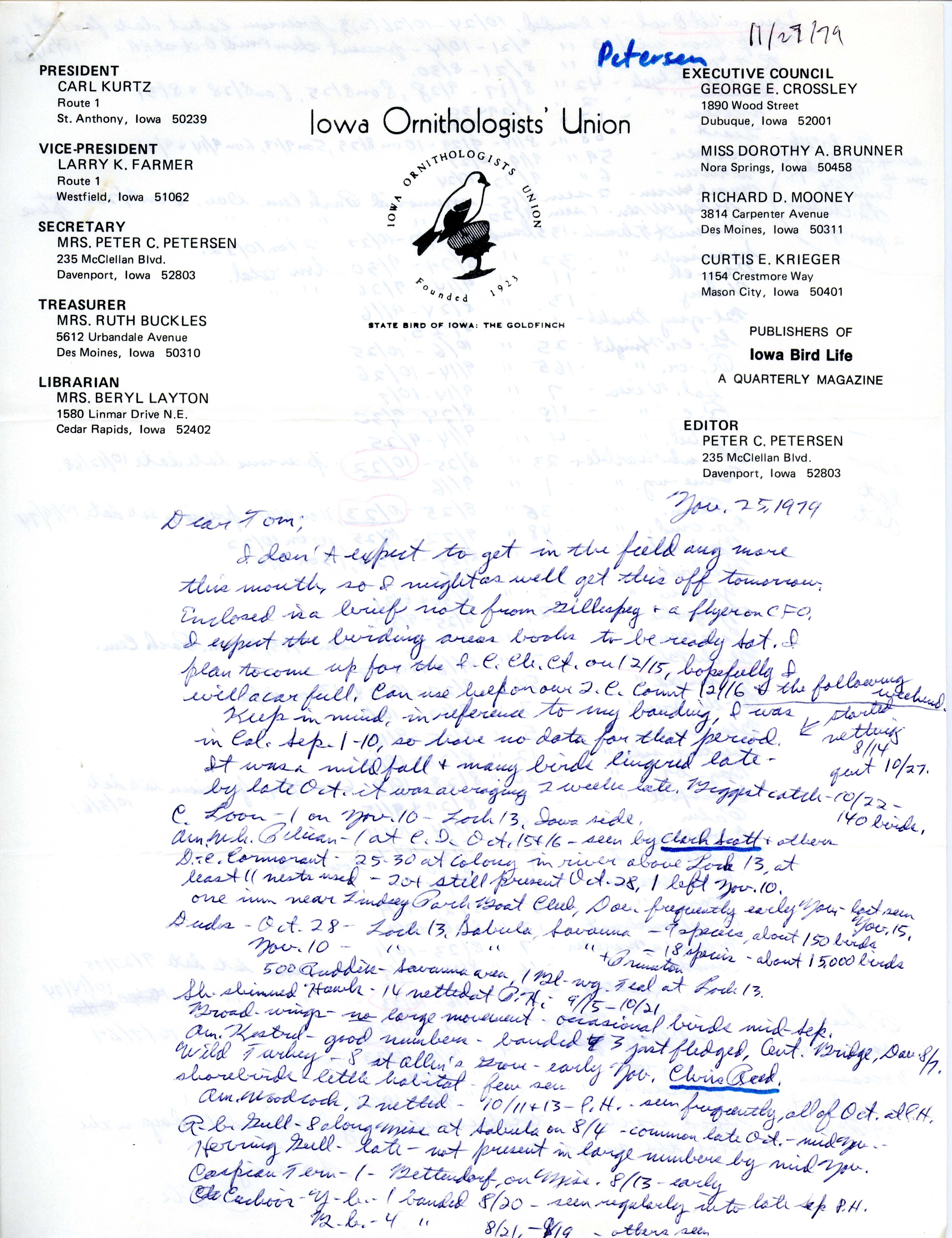 Peter Petersen letter to Thomas H. Kent regarding bird banding, November 25, 1979