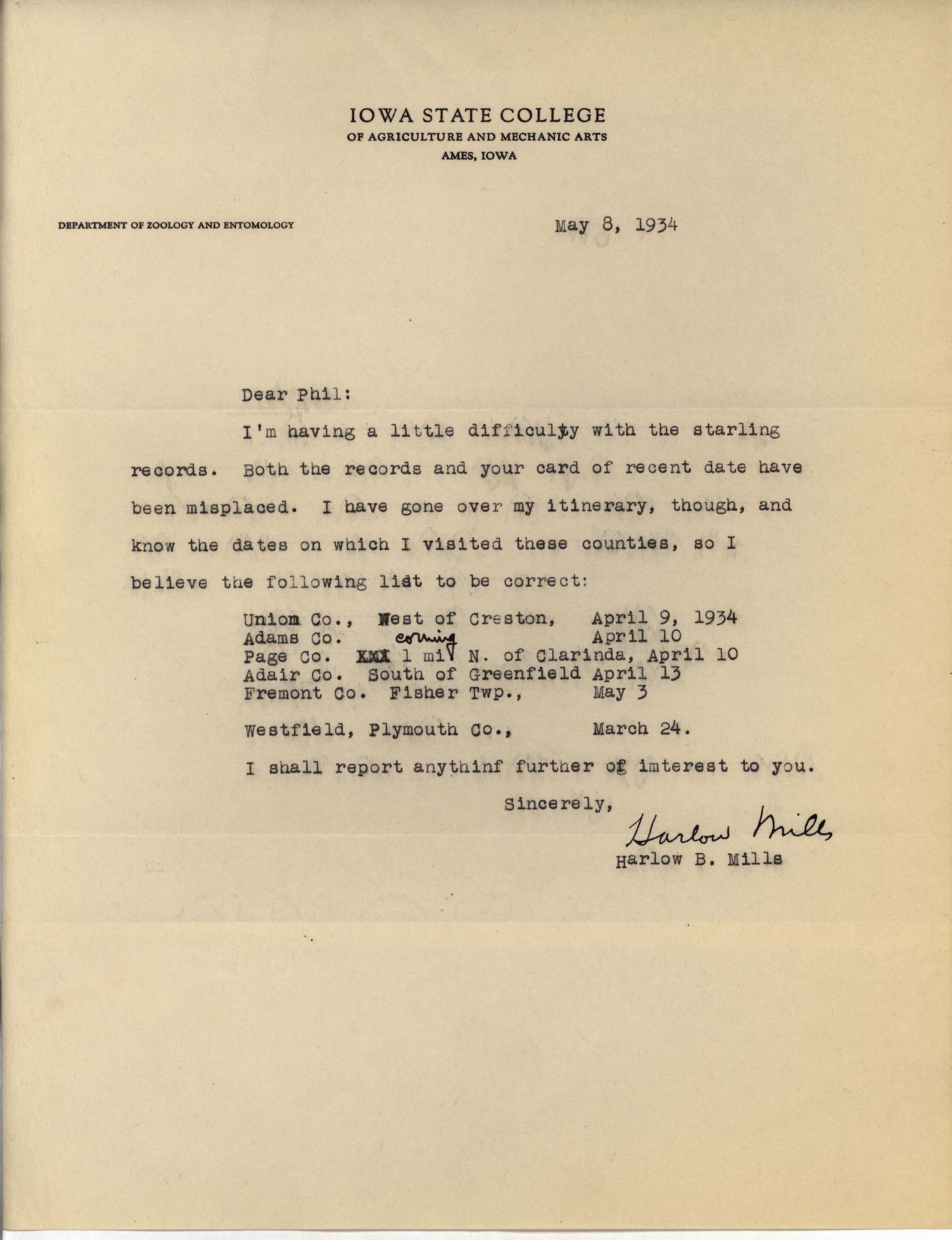 Harlow Mills letter to Philip DuMont regarding Starling sightings, May 8, 1934